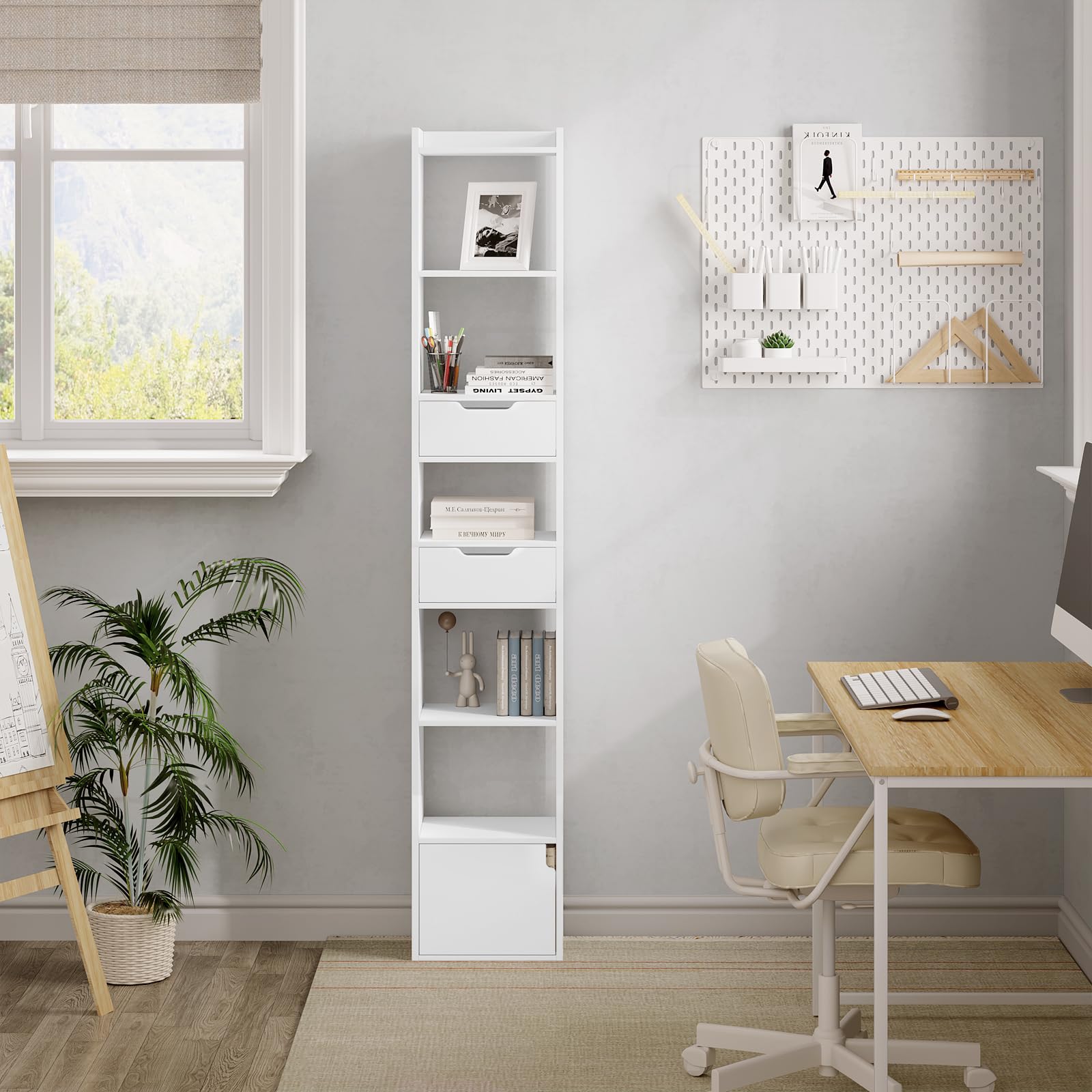 WOLTU Estanteria Alta de 6 Compartimentos, Libreria con 2 Cajones y 1 Armario con Puerta, Estante de Almacenaje, Estantería de Piso para Salon y Oficina, Blanco, SK042ws