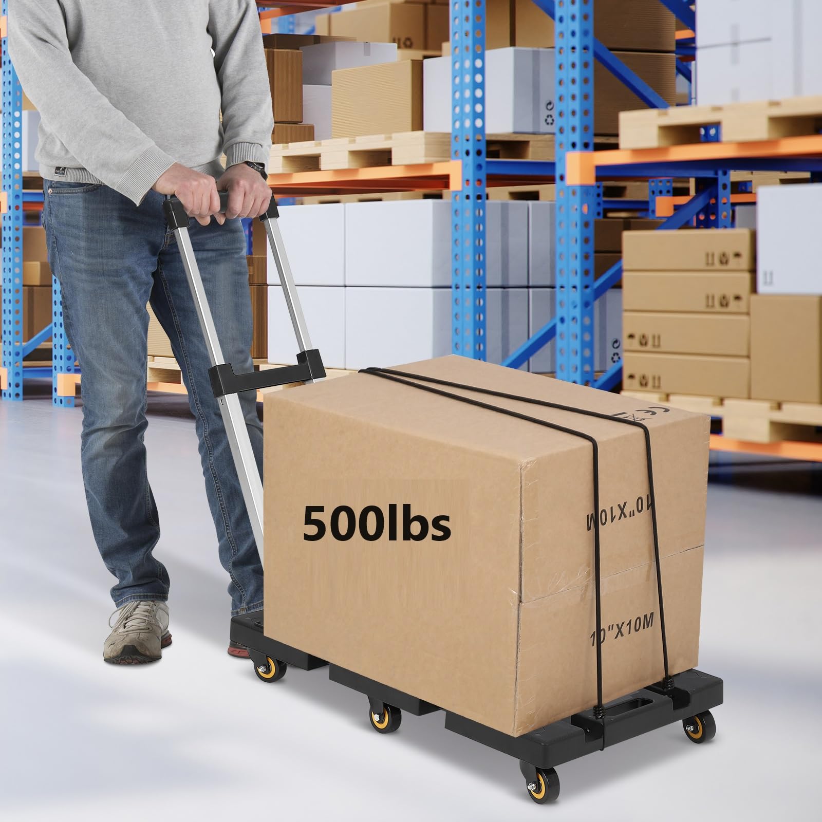 Carrello a mano pieghevole, carrello per bagagli con capacità di 500 libbre, pieghevole portatile con 6 ruote e 2 corde elastiche, maniglia regolabile, carrello per bagagli, personale, viaggi, auto,
