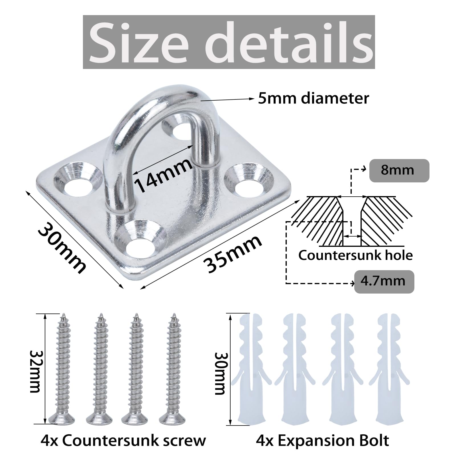 Meijeegu Pack of 3 M5 304 Stainless Steel Eye Plate Eyelets Square Ring Silver Ceiling Hooks with Screws and Expansion Tube for Yoga Rope Hammock Suspension Training Straps etc - Image 3