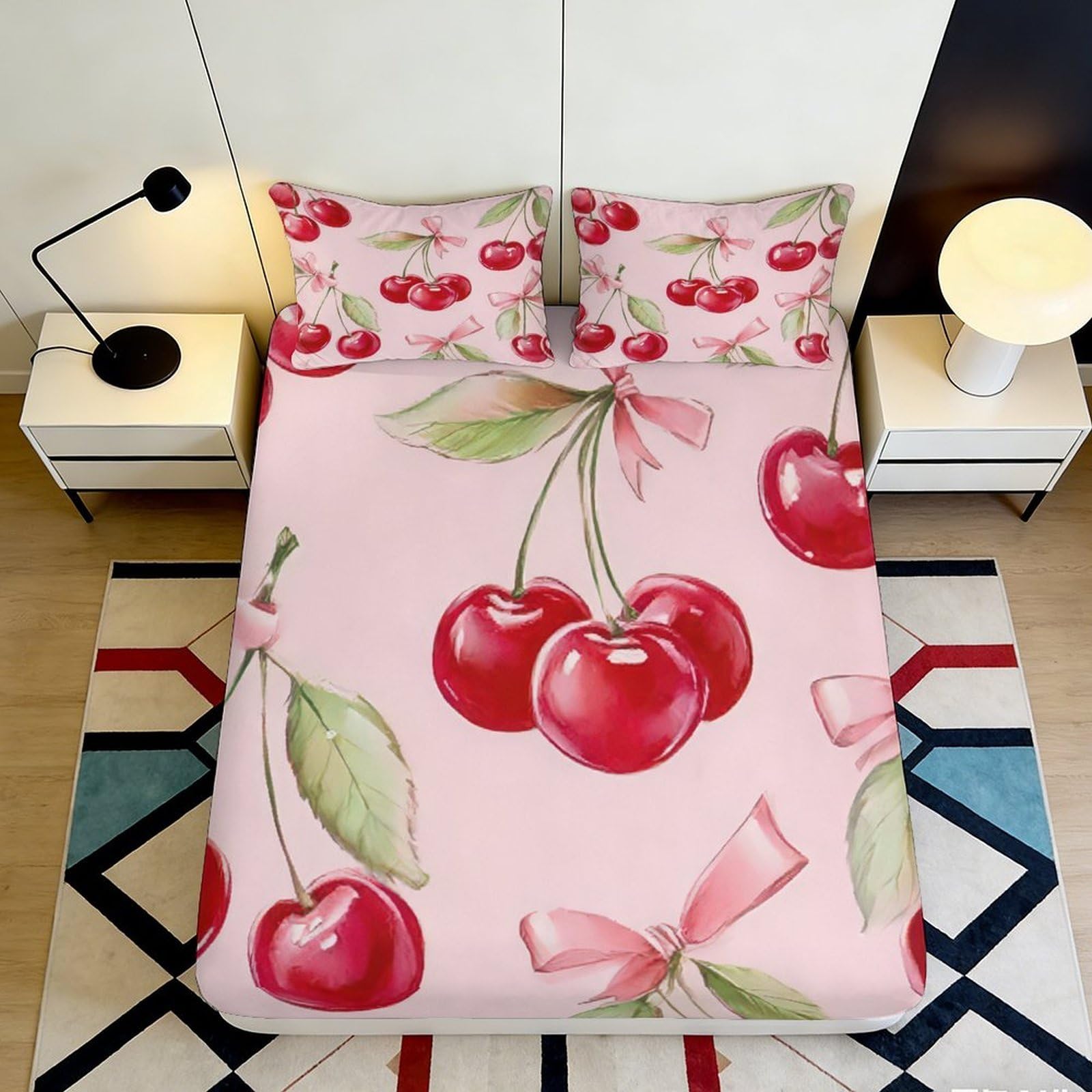 3D Printed Cherry Pattern Fitted Sheet Microfiber Soft Breathable Pink Bed Cover with Mattress Cover for Bedroom Dormitory Guest Room Protection 120x200x25cm