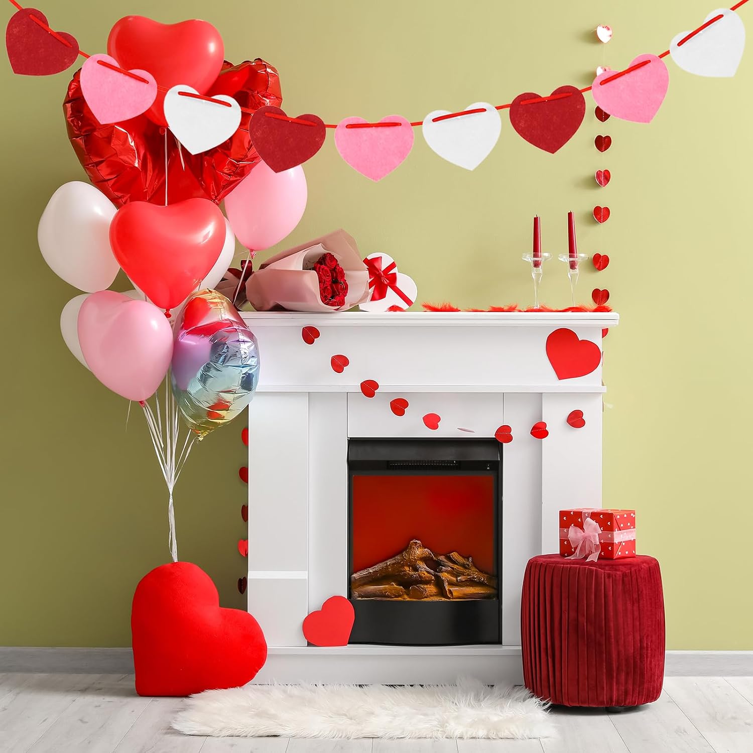 MECCANIXITY 96 Pcs Heart Garland Banner Felt Heart Valentines Garland Vertical for Valentines Day Decor Anniversary Birthday Party Wedding