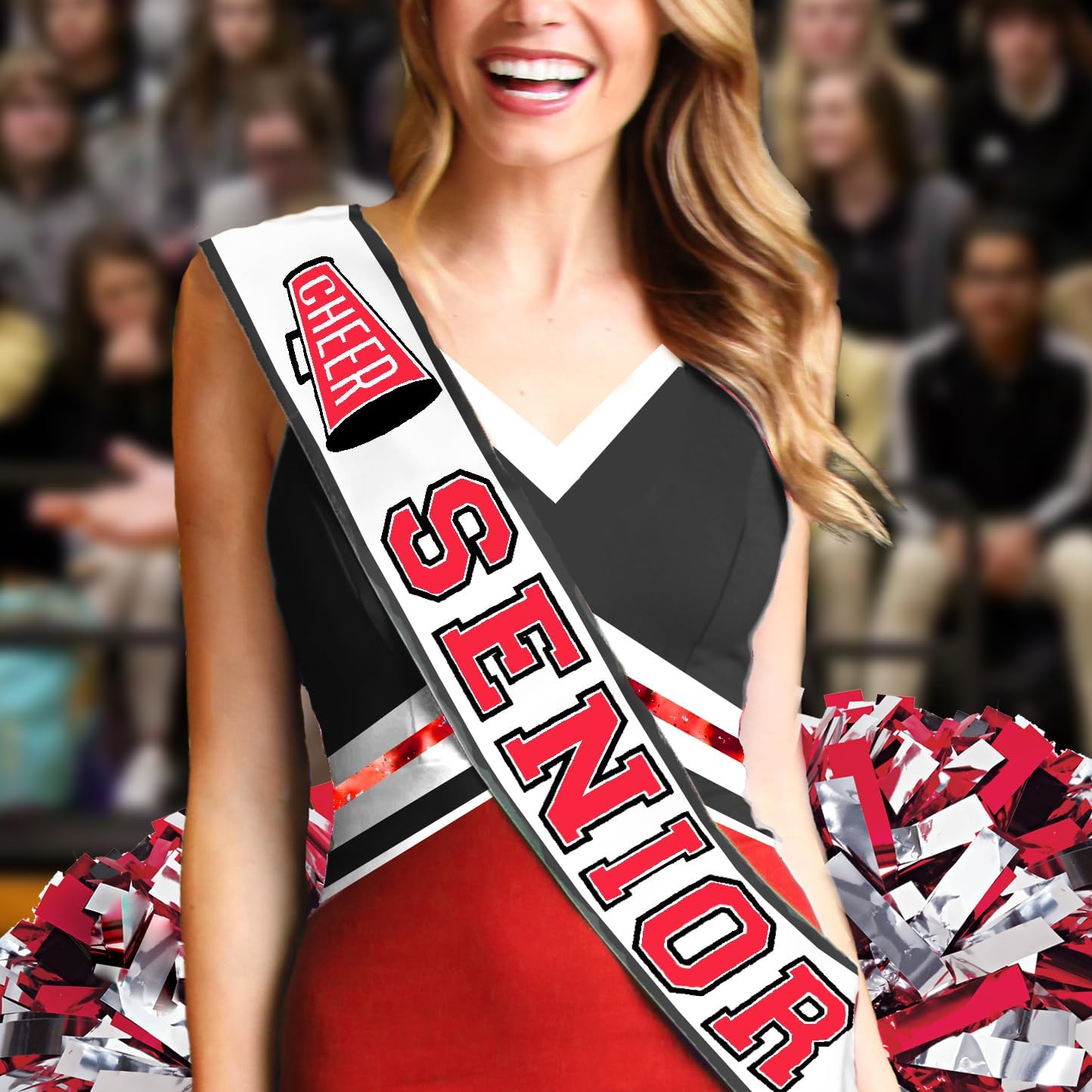 RhinestoneSash Red and Black Cheer Senior Sashes - PREMIUM GRADE SATIN Cheerleader Sash - Senior Night Supplies