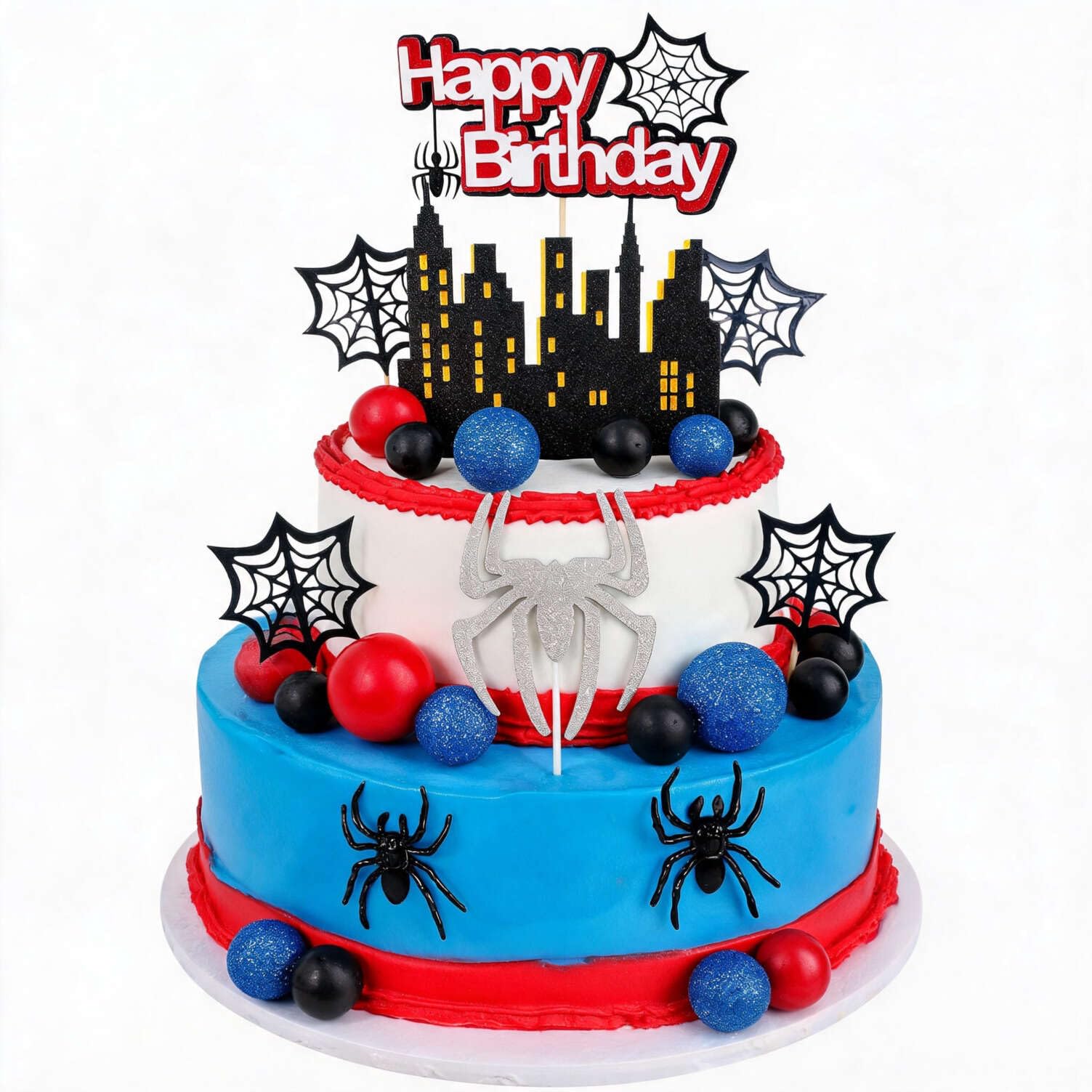 SHIFANQI Spider Cake Toppers, 48PCS Happy Birthday Cake Decorations, Spider Web and Glitter Balls for Spider Man Theme Baby Shower Boys Girl Kids Birthday Party Supplies