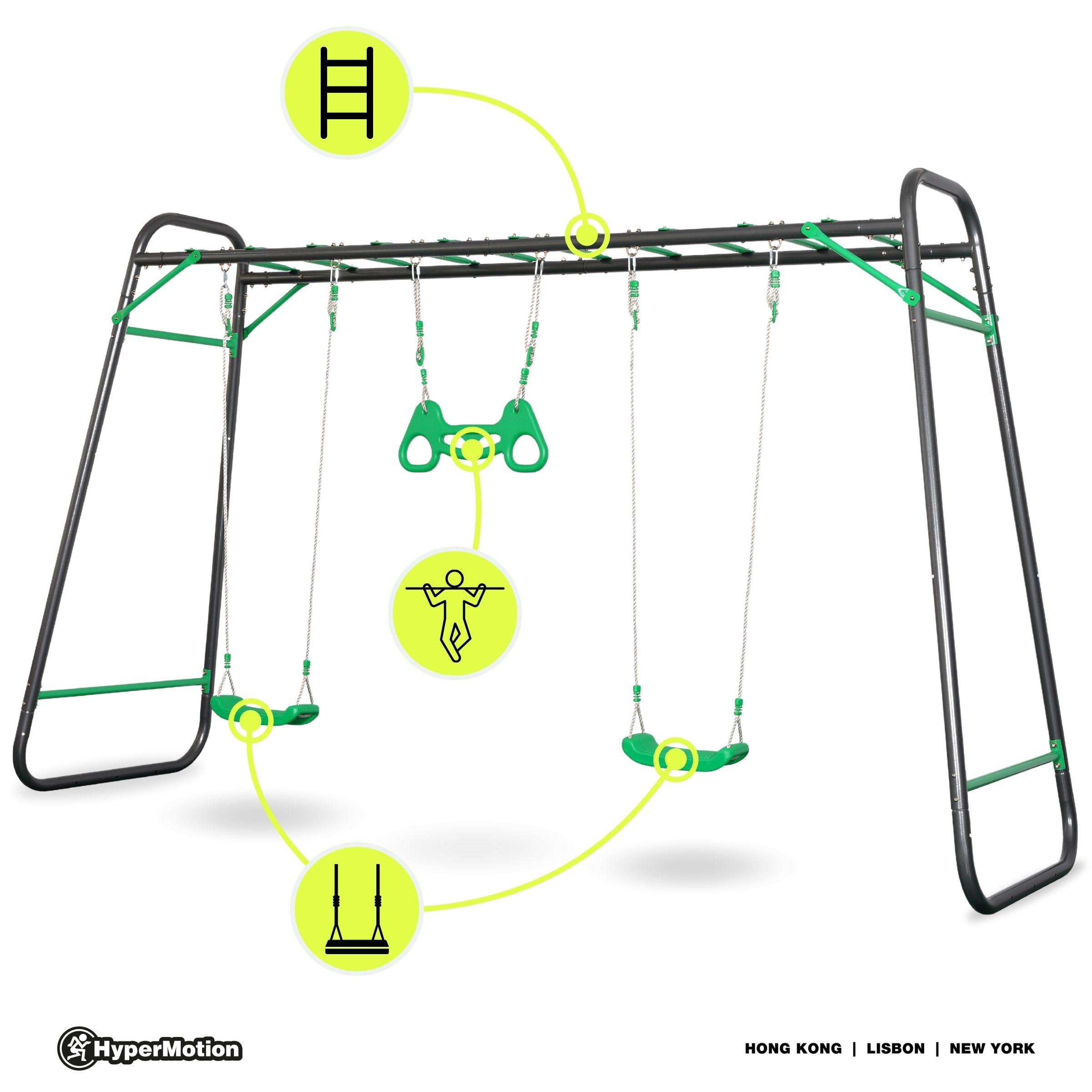HyperMotion Gartenschaukel-Set XXL: 2 Schaukelsitze, Kletterleiter und Turntrapez - Stabiler Stahlrahmen belastbar bis 150 kg - Outdoor-Spielgerät für den Garten