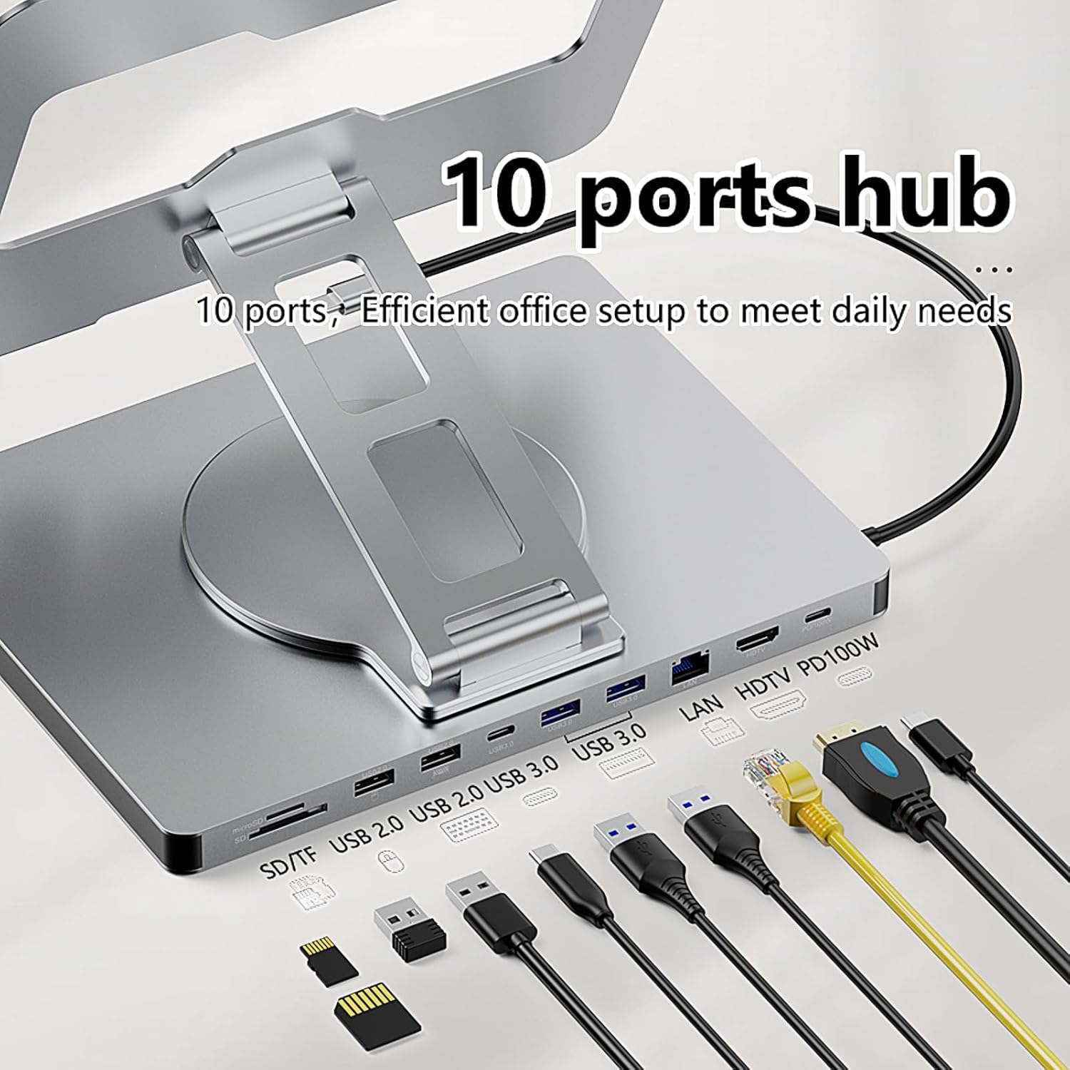 10 in 1 Laptop Docking Station Stand for MacBook Pro/Air/Surface/Dell/HP/Lenovo, Mac Type-C Hub with 4K HDMI, USB 3.0, SD/TF Card, RJ45, PD 3.0, USB C Laptop Stand Hub with 360 Rotating Base (ST109A)