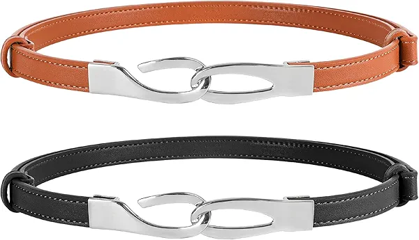 NPET Leather Skinny Women Belt for Jeans Dresses Pants Fashion Waist Belt for Dresses up to 37 Inches with Gold Buckle 2 Pack