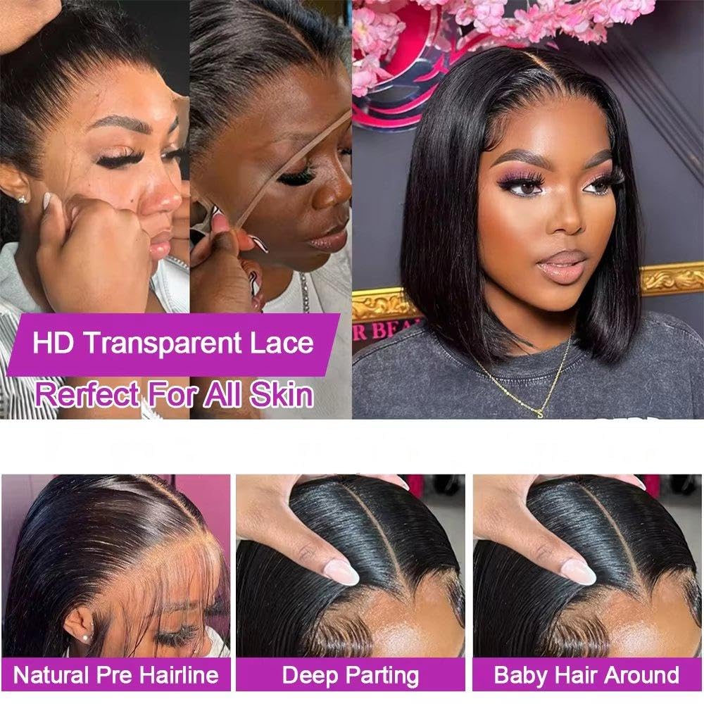 Haarpflege Transparente HD-Spitze-Frontal-kurze Gerade Bob-Perücke Leimloses Echthaar 250% Dichte Für Frauen(13x4,250%_10INCHES)