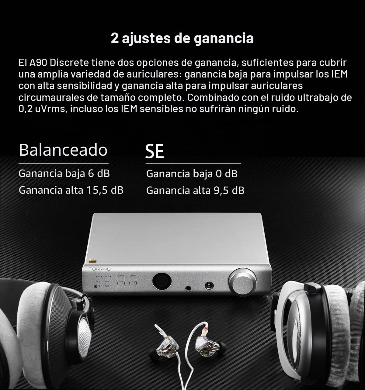 Topping A90 Amplificador de auriculares discreto 4-Pin-XLR 4.4 simétrico NFCA Amplificador completamente discreto simétrico 9800 mW x 2 Potencia de salida 2 ajustes de ganancia Siber