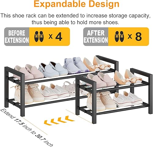 Miniatura 4 de Zapatero expandible de 2 niveles (17.5-30.7 pulgadas)  Estante organizador de zapatos de metal resistente ajustable para armario, entrada, vestíbulo