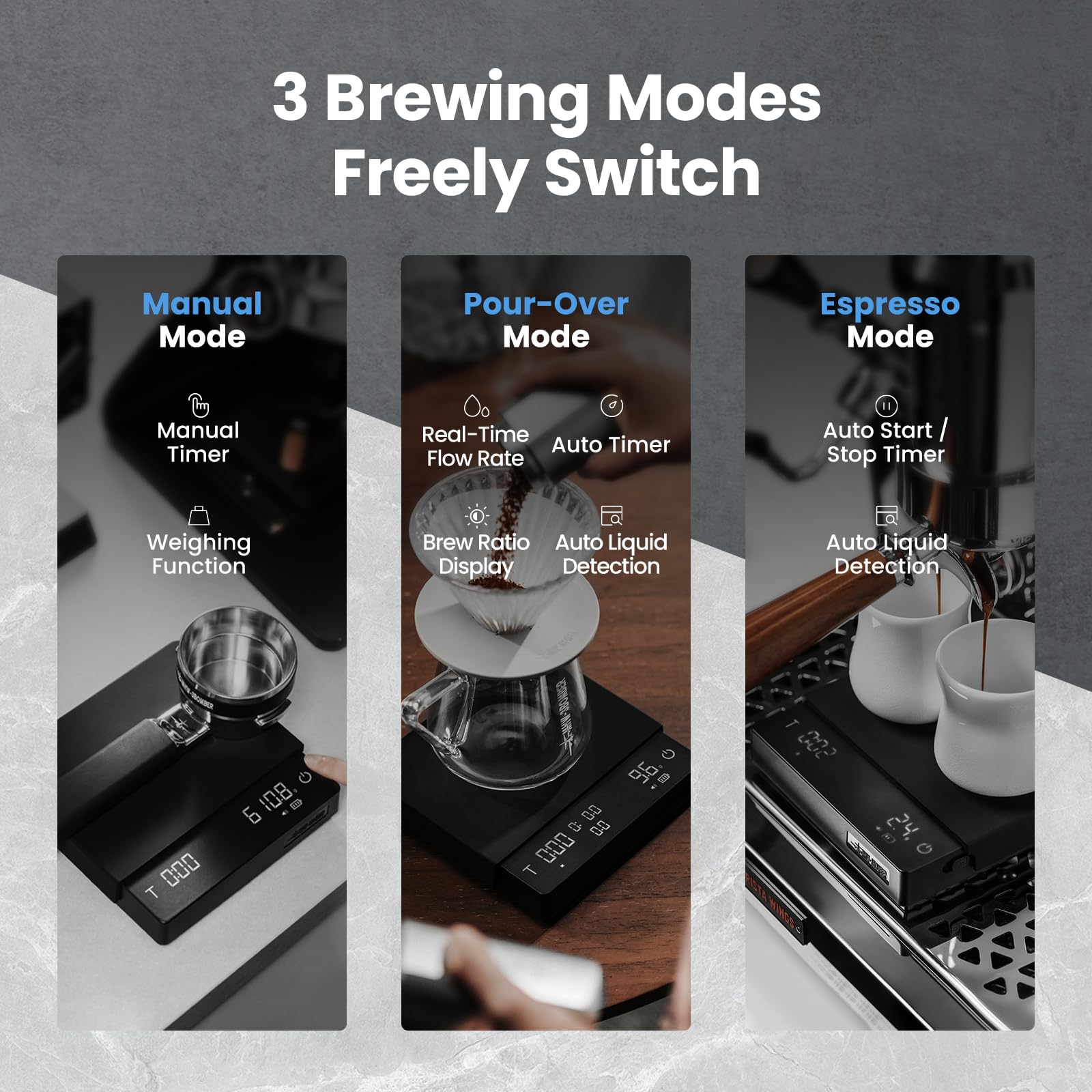MHW-3BOMBER Grande balance à café avec minuterie, balance numérique à bec verseur avec débit, expresso précise de 2 kg/0,1 g, 3 modes, rechargeable en grain