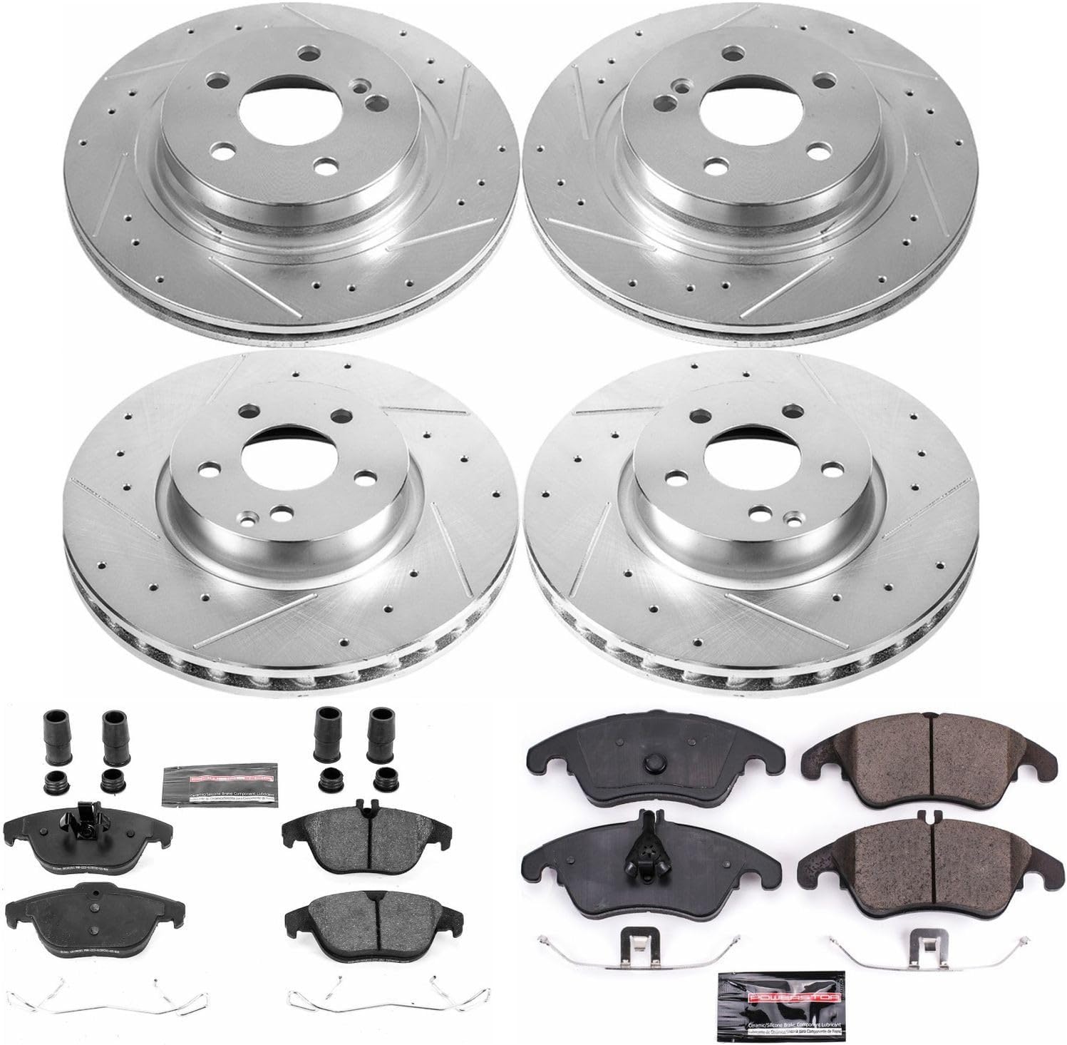 Power Stop K5793 Front and Rear Z23 Carbon Fiber Brake Pads with Drilled & Slotted Brake Rotors Kit and 1 Front & 1 Rear Sensor Wires For C300, C350, E350, E400 [Model Specific]