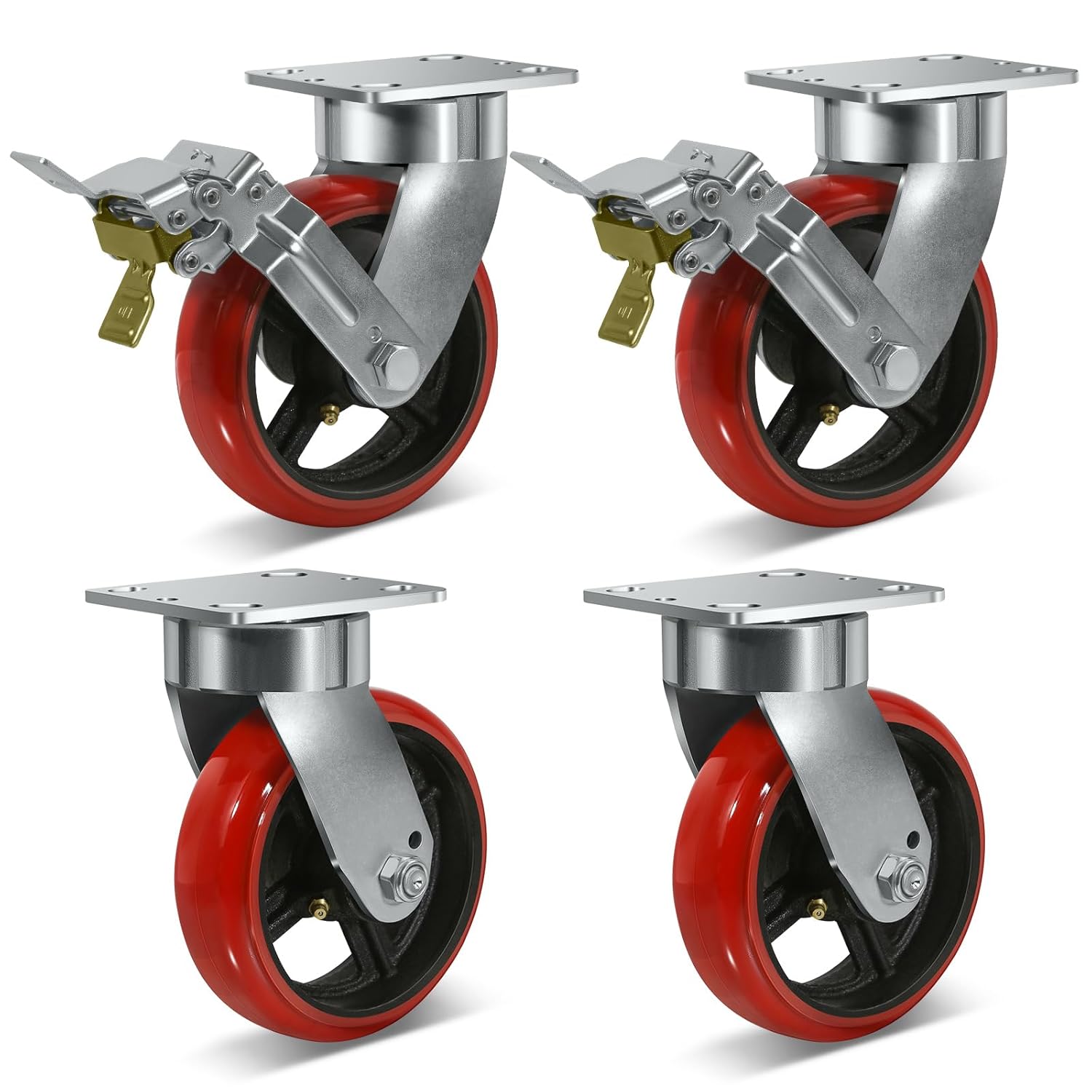 6"x2" Super Heavy Duty Casters,Kingpinless Polyurethane Tread(Crowned) on Cast lron,Capacity up to 10000 Lb. Use for Platform Truck, U-Boat Cart,Workbenches(2 Brake & 2 Swivel)