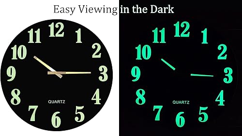 Miniatura 2 de Lulu Decor, Reloj de pared delgado de 18 pulgadas con esfera moderna de cristal negro, manecillas que brillan en la oscuridad y números arábigos