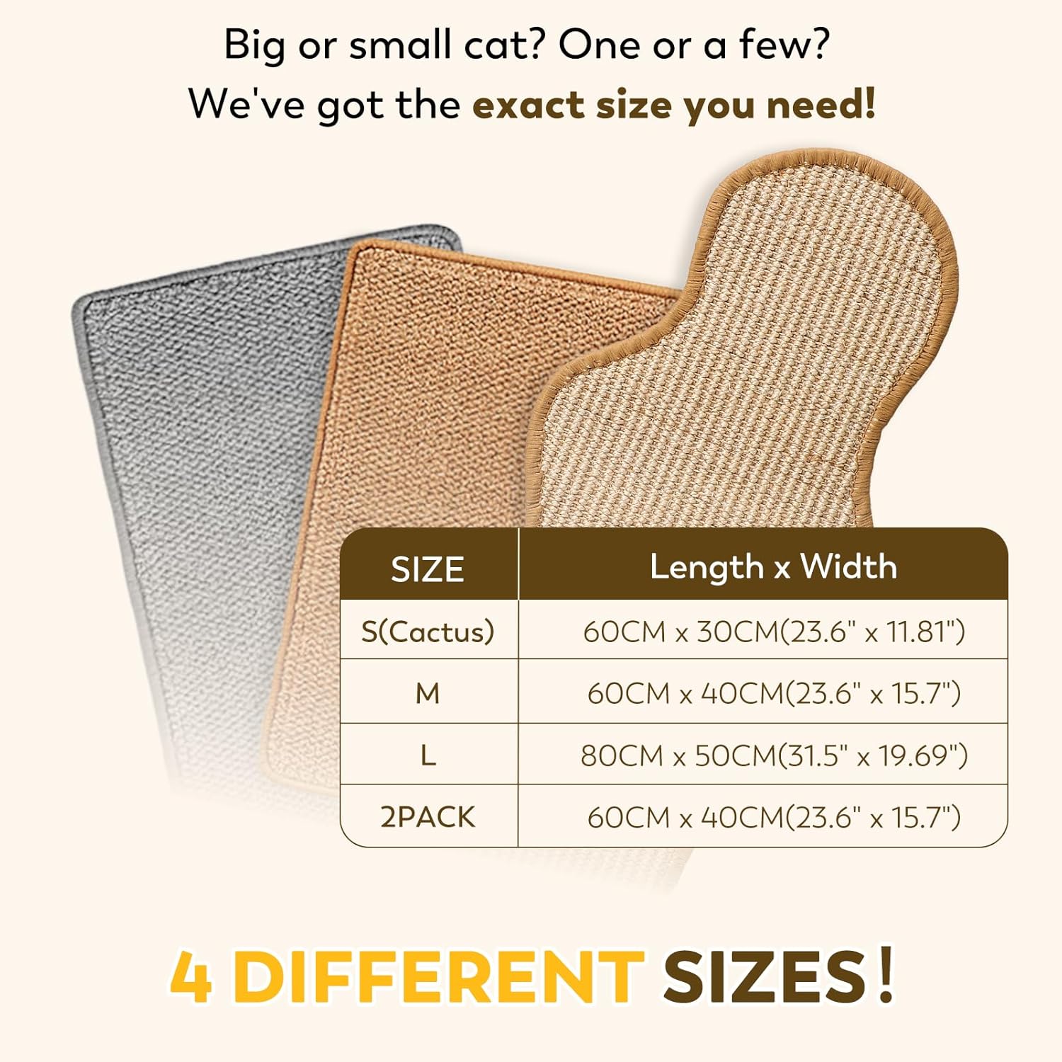 2PCS Natural Sisal Fabric Large 23.6" x 15.7" Cat Scratching Pad for Indoor Cats Scratcher Mat with Sticky Tapes Horizontal Cat Scratcher for Scratching Posts Couch Protection(Camel, 2 Pack)
