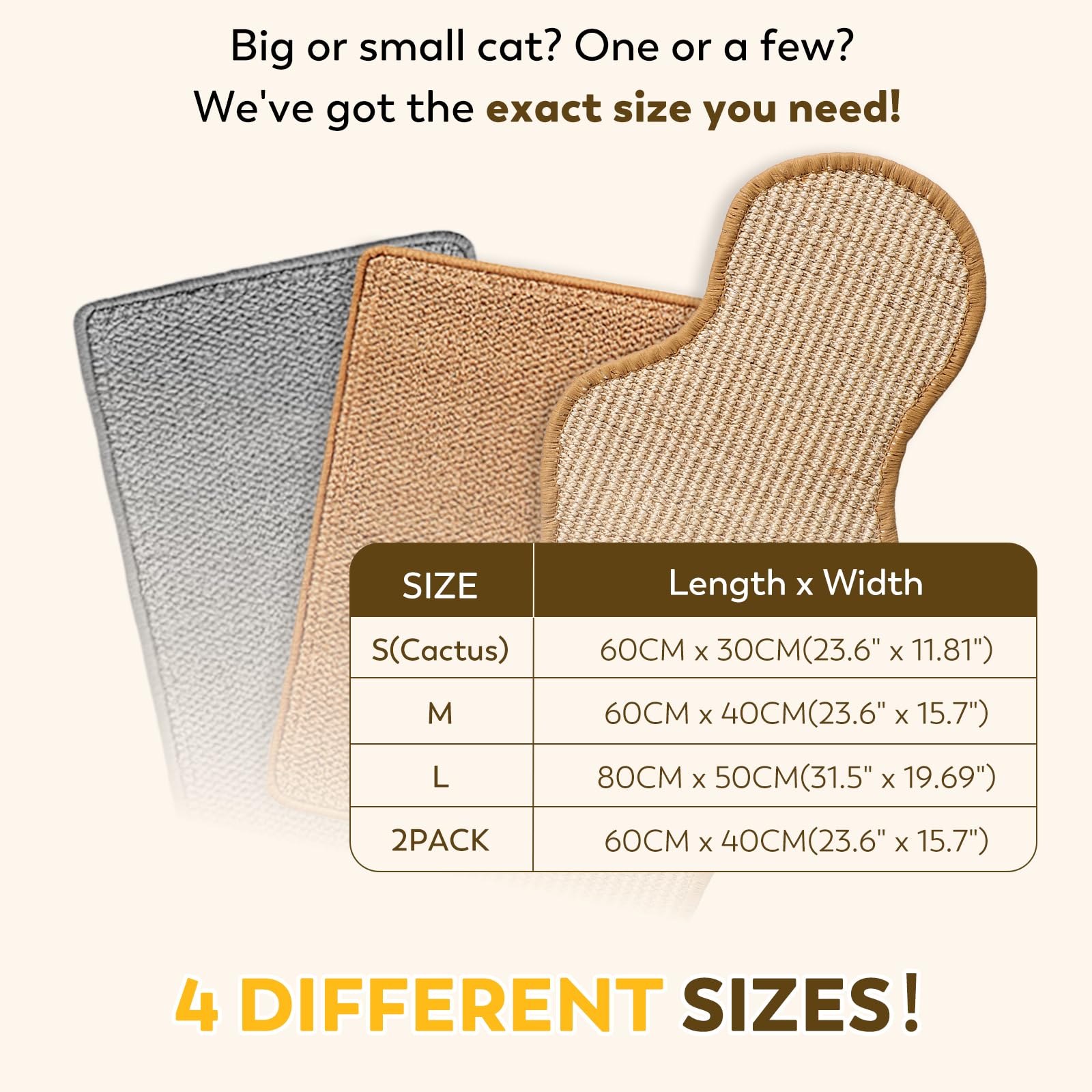 Tapete rascador para gatos con cintas adhesivas de velcro, 23.6 x 15.7 pulgadas, alfombra rascadora de sisal para gatos de interior, rascador horizontal para postes rascadores y protección de