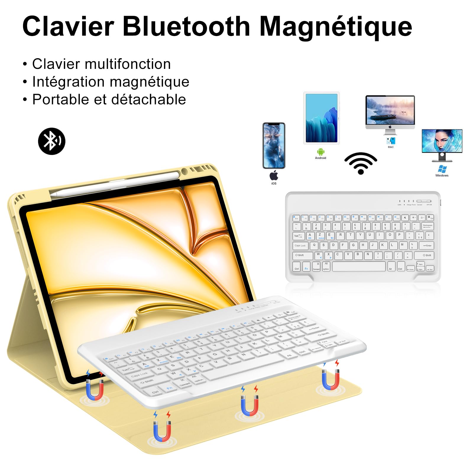 Coque Clavier pour iPad Air 13 Pouces(M4 2026, M3 2025, M2 2024) et iPad Pro 12.9 Pouces(6e/5e/4e/3e Gén), AZERTY Français Housse Clavier Bluetooth Magnétique Détachable avec Porte Crayon, Jaune Clair