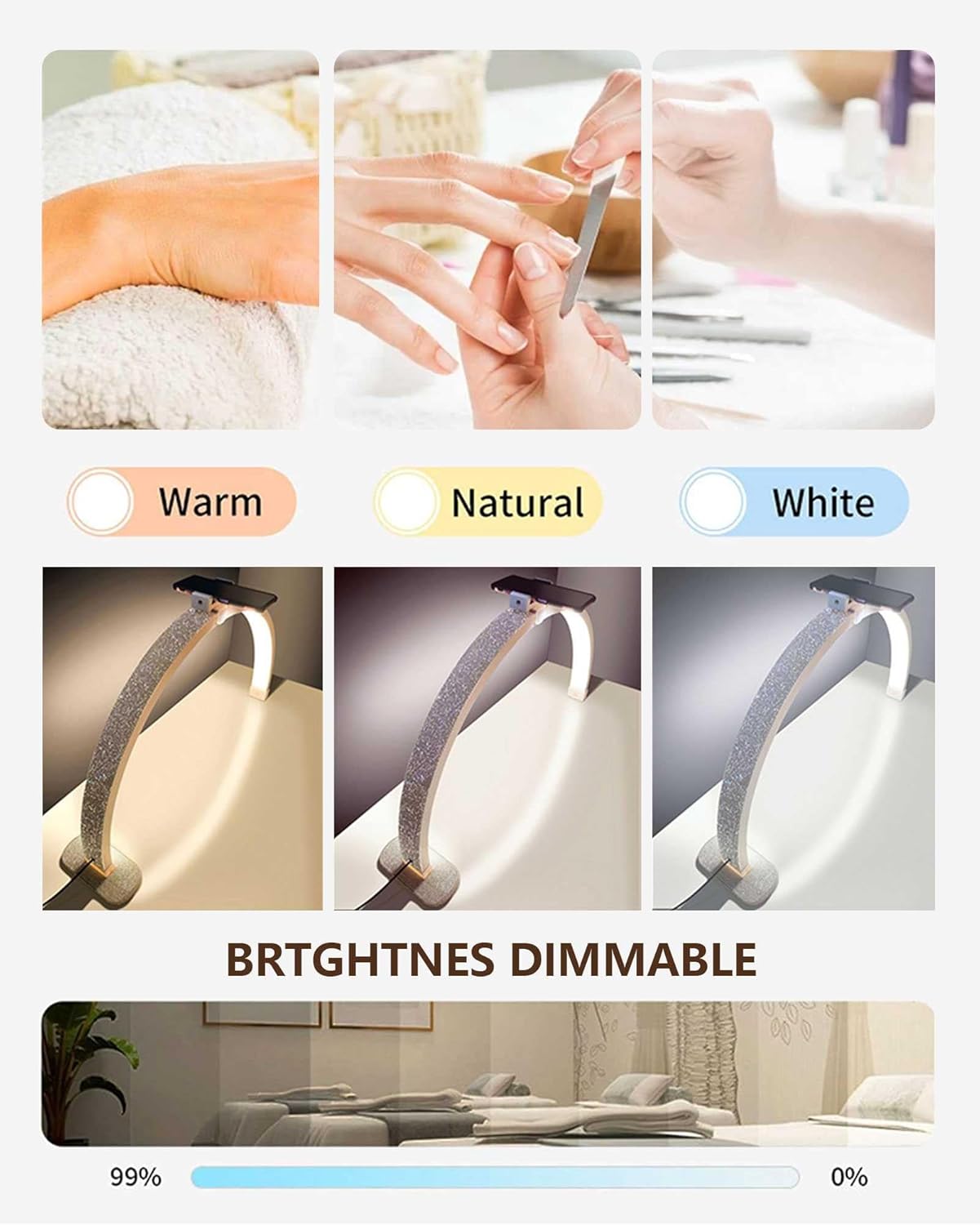 Half Moon Light for Lash Lamp, Half Moon Led Table Lamp for Estheticians, Nail Tech, and Cosmetician, Half Moon Desk Lamp with Stepless Dimming and Color Temperature, White-with Rhinestones