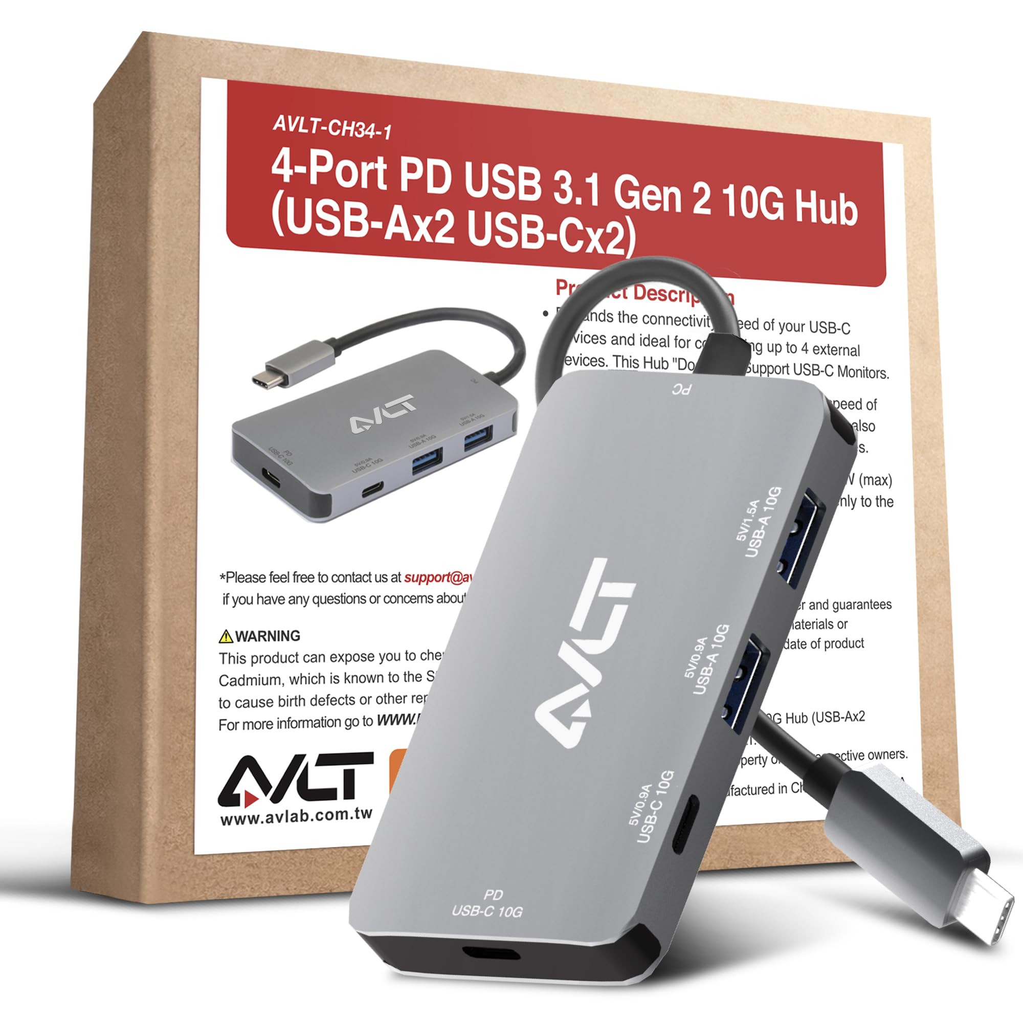 AVLT 4-Port USB 3.1 Gen 2 Type C 10G Hub with 85W PD Charging - Portable Multiport Adapter – Fast Data Transfer and Charging for MacBook, Laptop, PC,