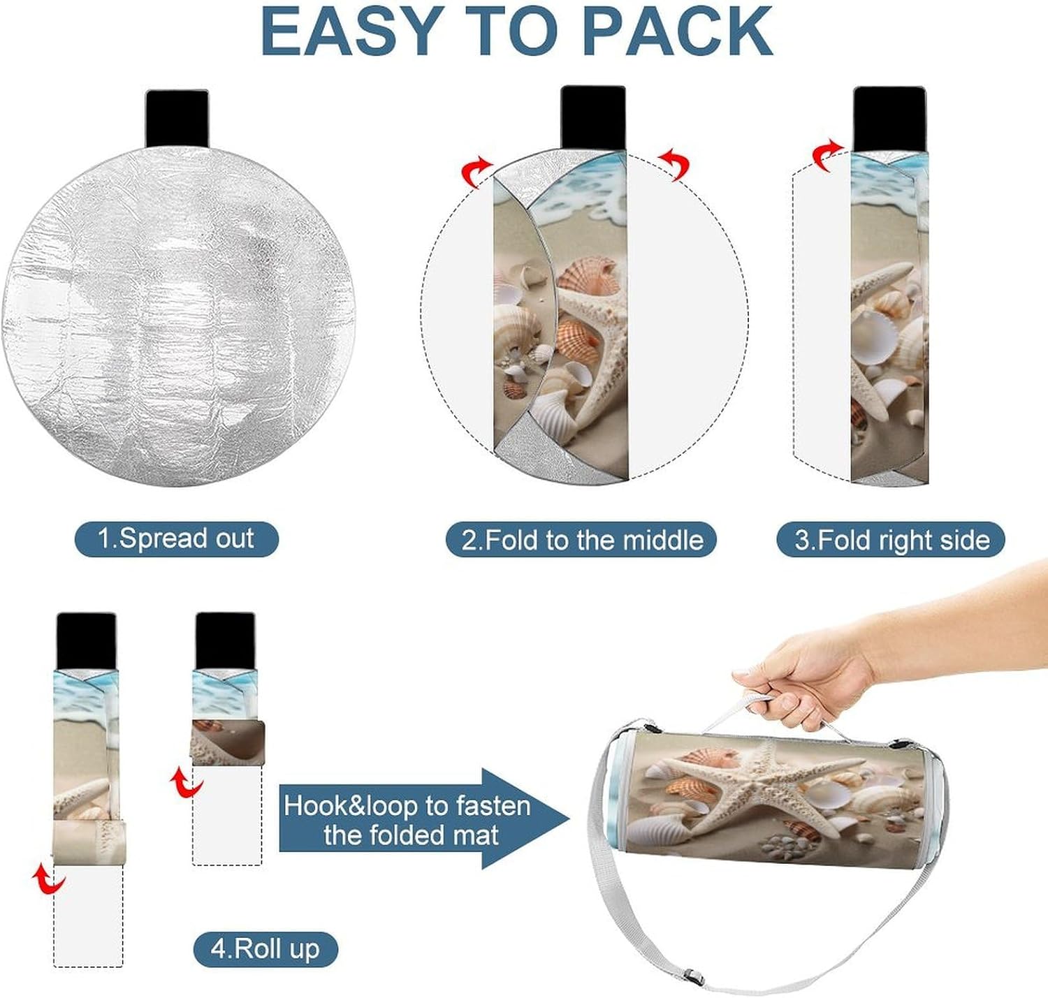 Beach Shell Starfish Round Outdoor Picnic Mat Foldable Waterproof Beach Camping Blanket Outdoor Rug with Sponge Padding