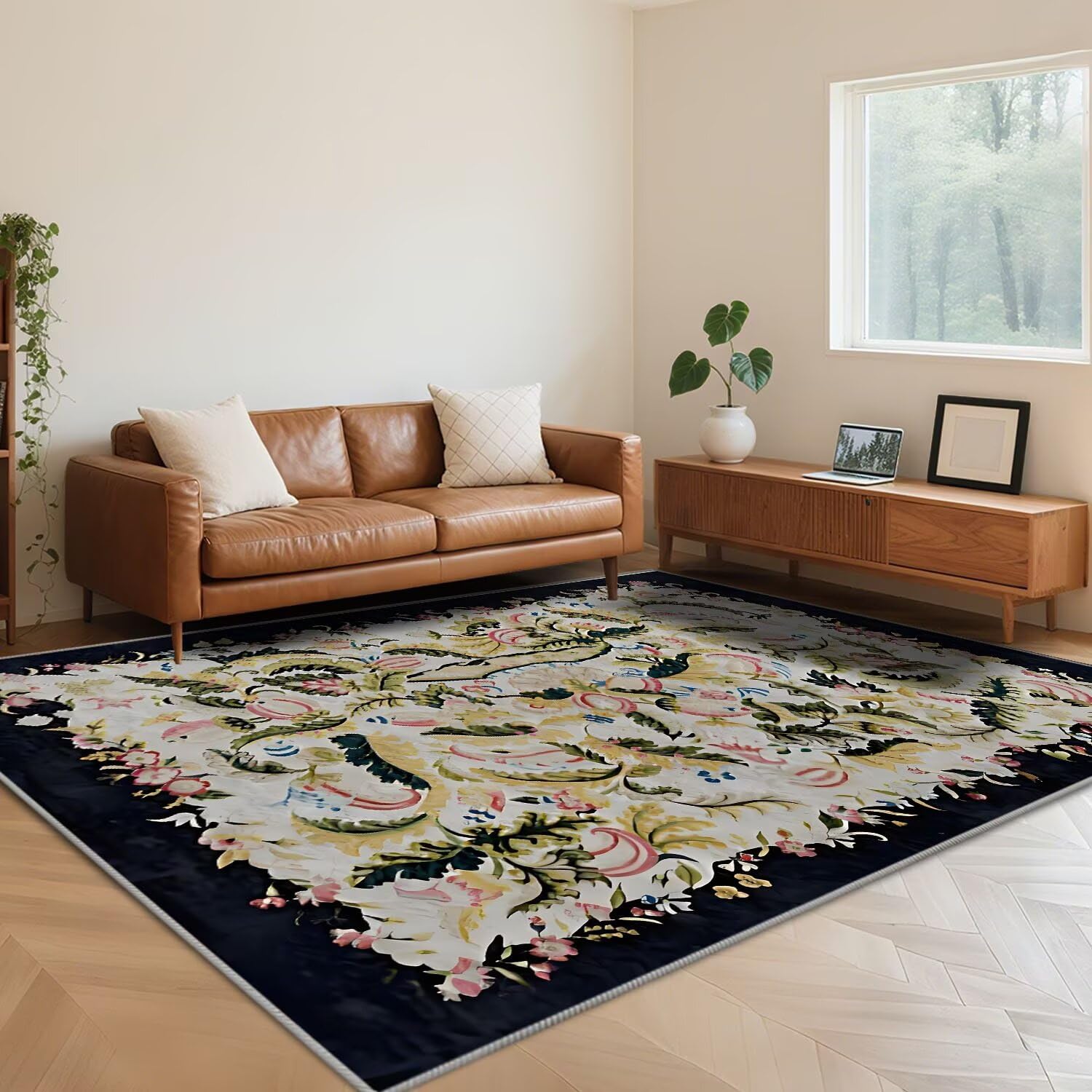 Tapis bleu salon et chambre motif feuilles 160 x 230 cm