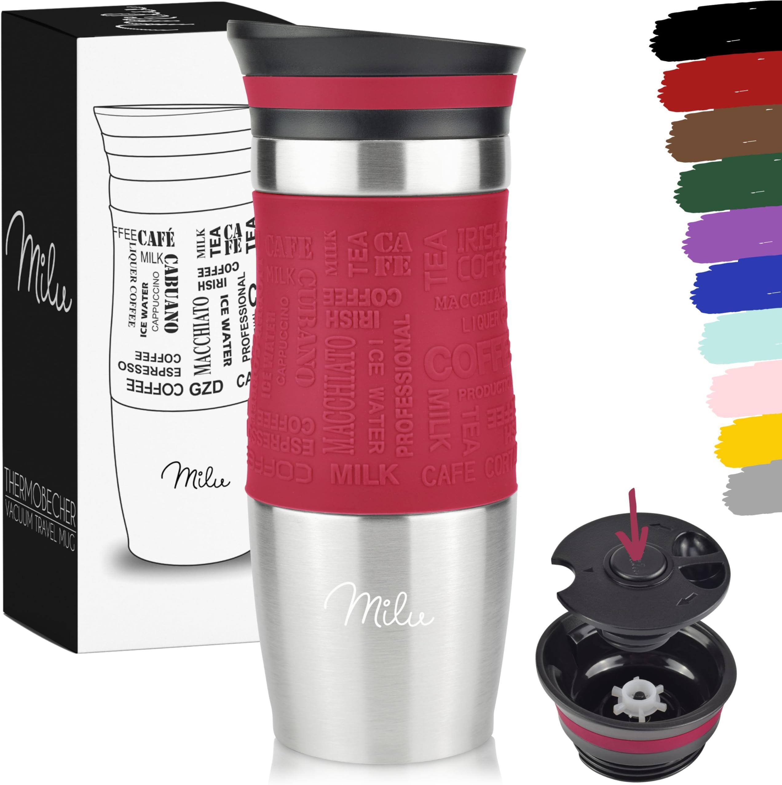 – Travel Mug 370ml 450ml - Insulated Coffee Cup to go - 100% Leak Proof - Stainless Steel Drinking Mug - Car Mug Double Wall Insulation Thermo Coffee Flask (Red, 370ml)