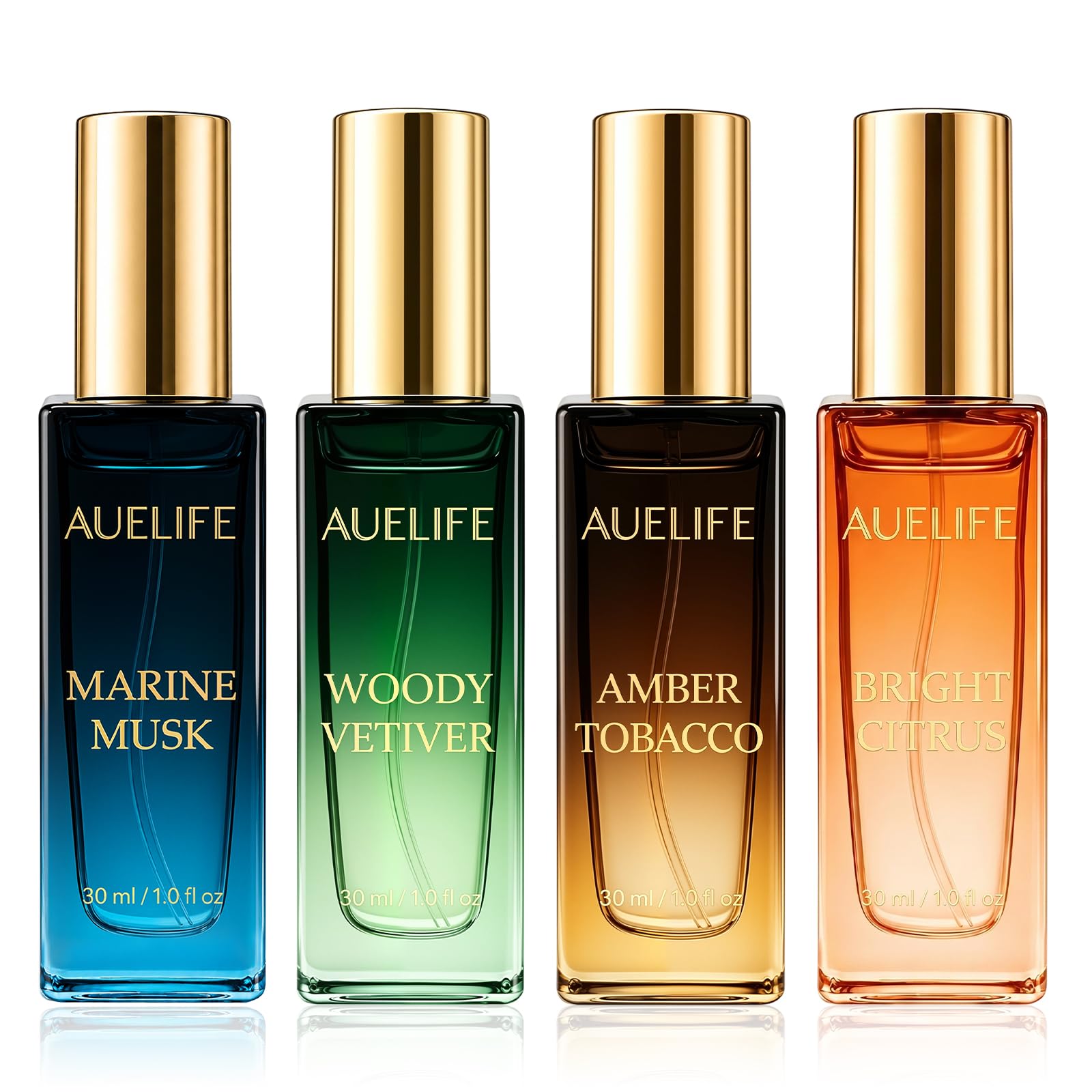 Auelife Men's Perfume Gift Set, 4x30mL Cologne, Gifts for Father, Dad & Him | Marine Musk, Woody Vetiver, Amber Tobacco & Bright Citrus Scents, Long-Lasting Alcohol-Free Perfume for Work, Dates & Travel