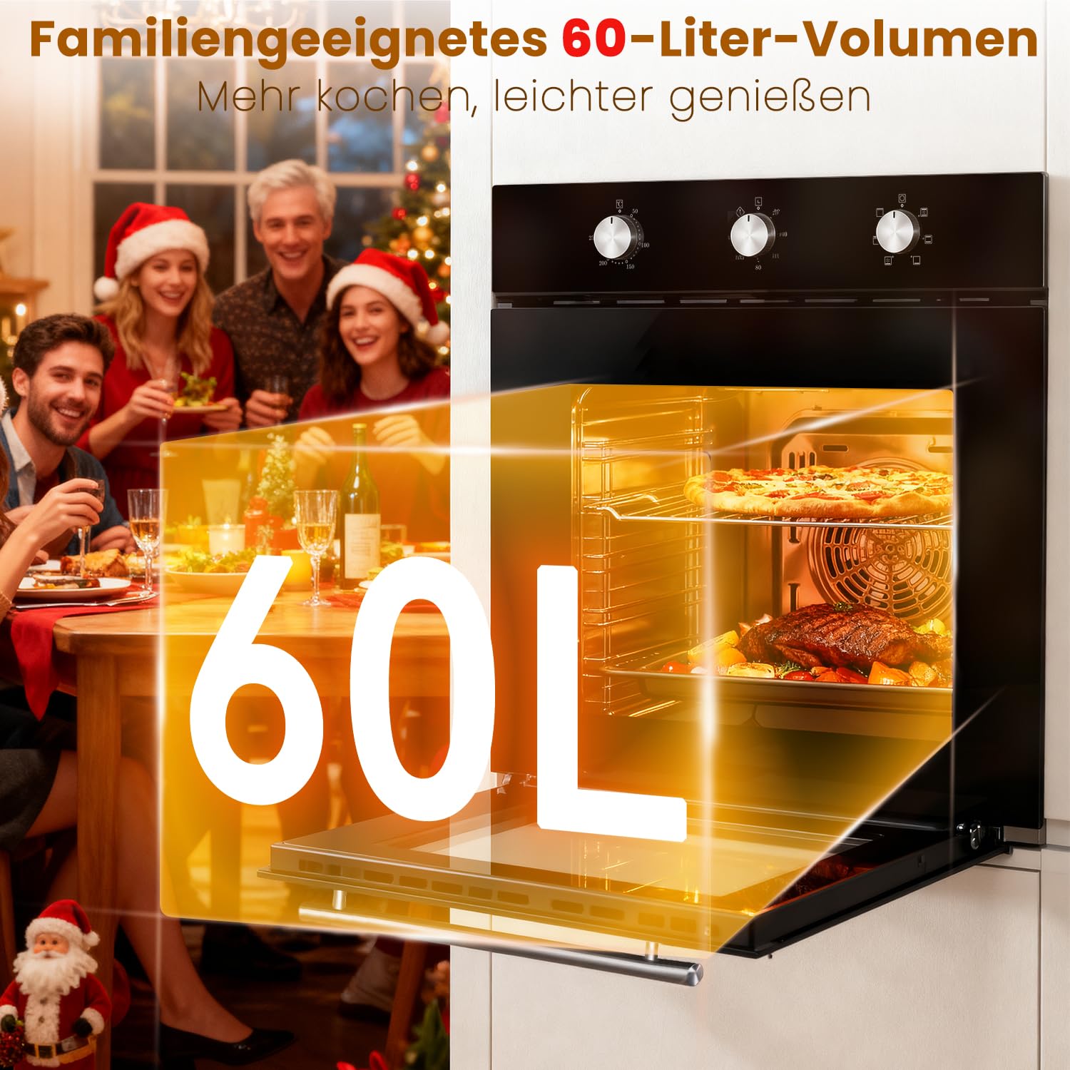 Hobsir 60 cm Einbaubackofen mit 60 L Volumen, Drehknopfsteuerung, 2200 W – Multifunktionsofen mit 6 Garprogrammen, Timer bis 120 Min, ideal für Profis und Einsteiger