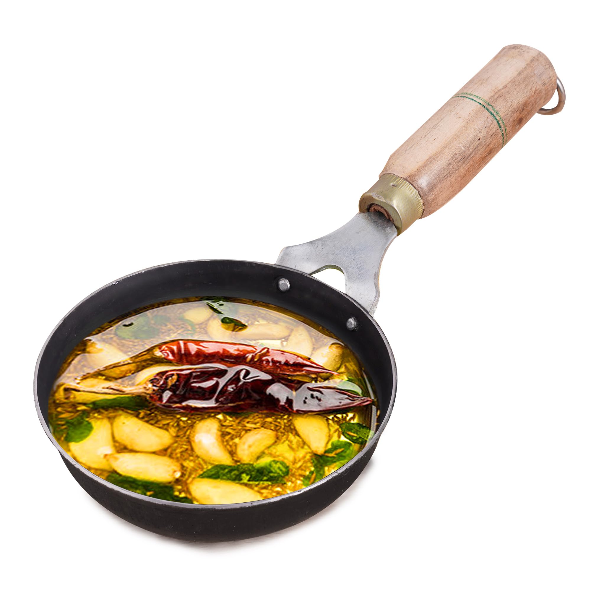 Pre-Seasoned Iron Tadka Pan with Wooden Handle | Very Small 12.7cm/5 inch, 0.3Ltr, 0.4kg | Gas Compatible | 100% Pure & Toxin-Free, No Chemical Coating