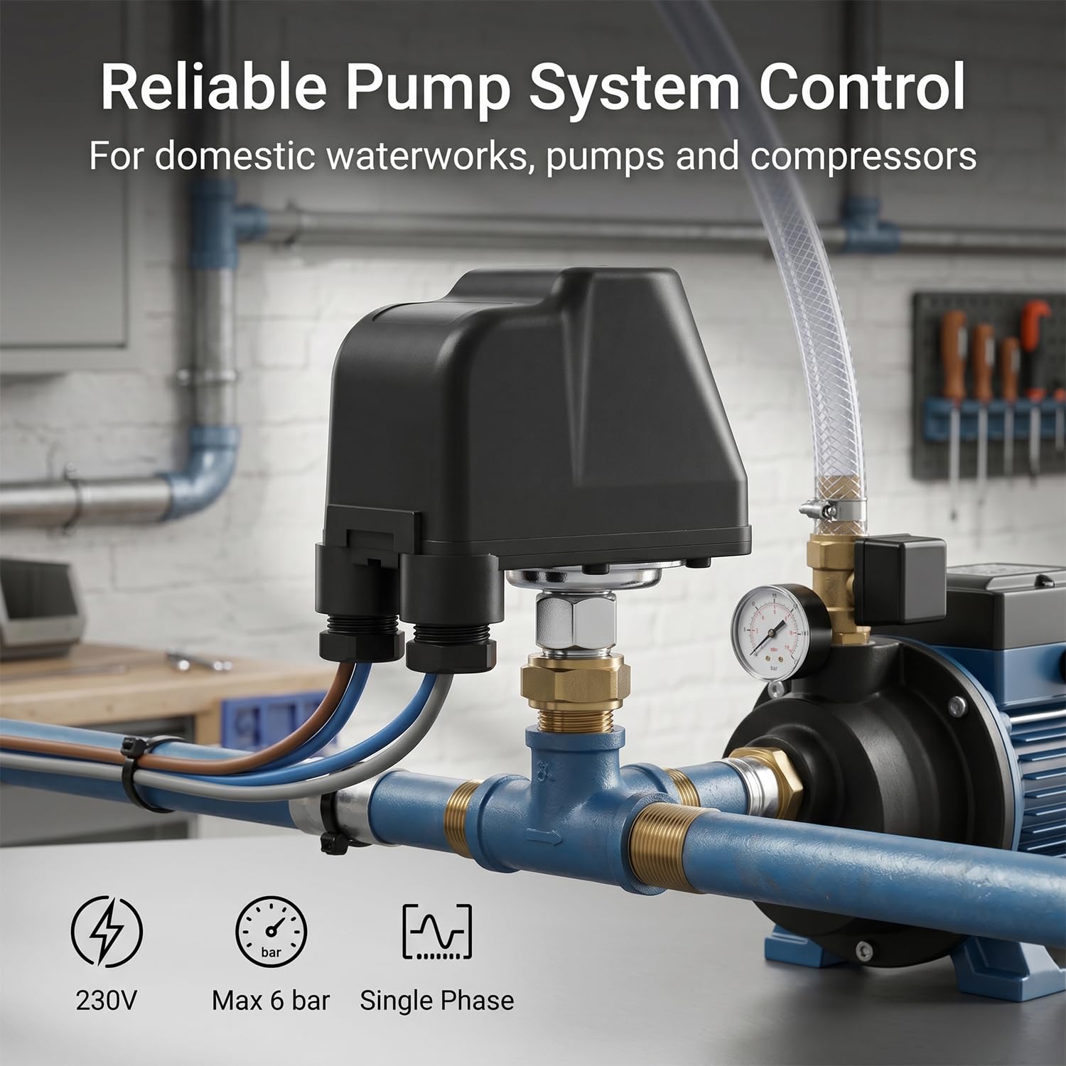 QWORK® Presostato Bomba Agua 230V Monofásico, Presostato Agua G1/4", Presostato para Jardines