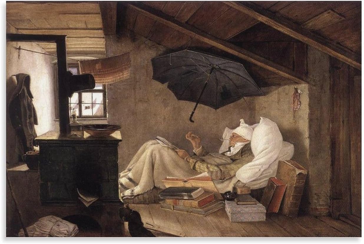 QINGYUAN Poster mit Carl Spitzweg der arme Dichter Wandkunst Poster Geschenke Schlafzimmer Heimdekoration Bild Leinwand Gem lde Poster 40 x 60 cm
