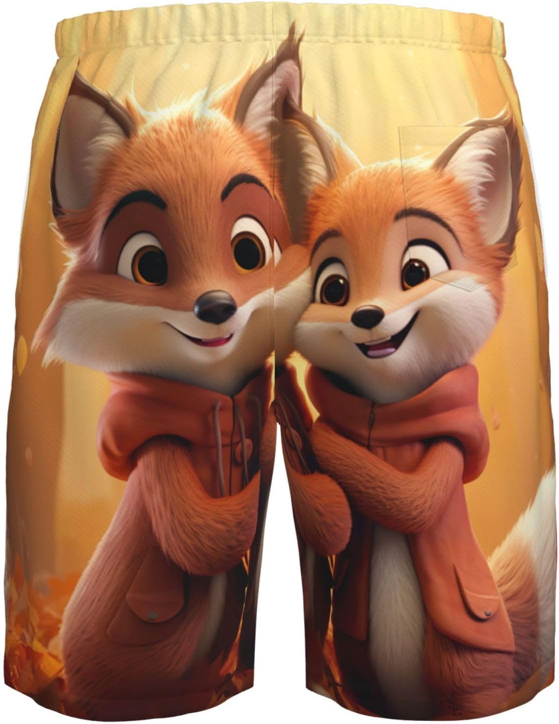Cartoon Fox Print Mens Casual Shorts Drawstring Summer Beach Stretch Shorts Novelty Swimtrunks White