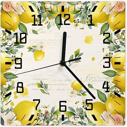 Reloj de pared vintage de madera de limón, silencioso, sin tictac, frutas de verano, rústico, botánico, floral, cuadrado, funciona con pilas, reloj
