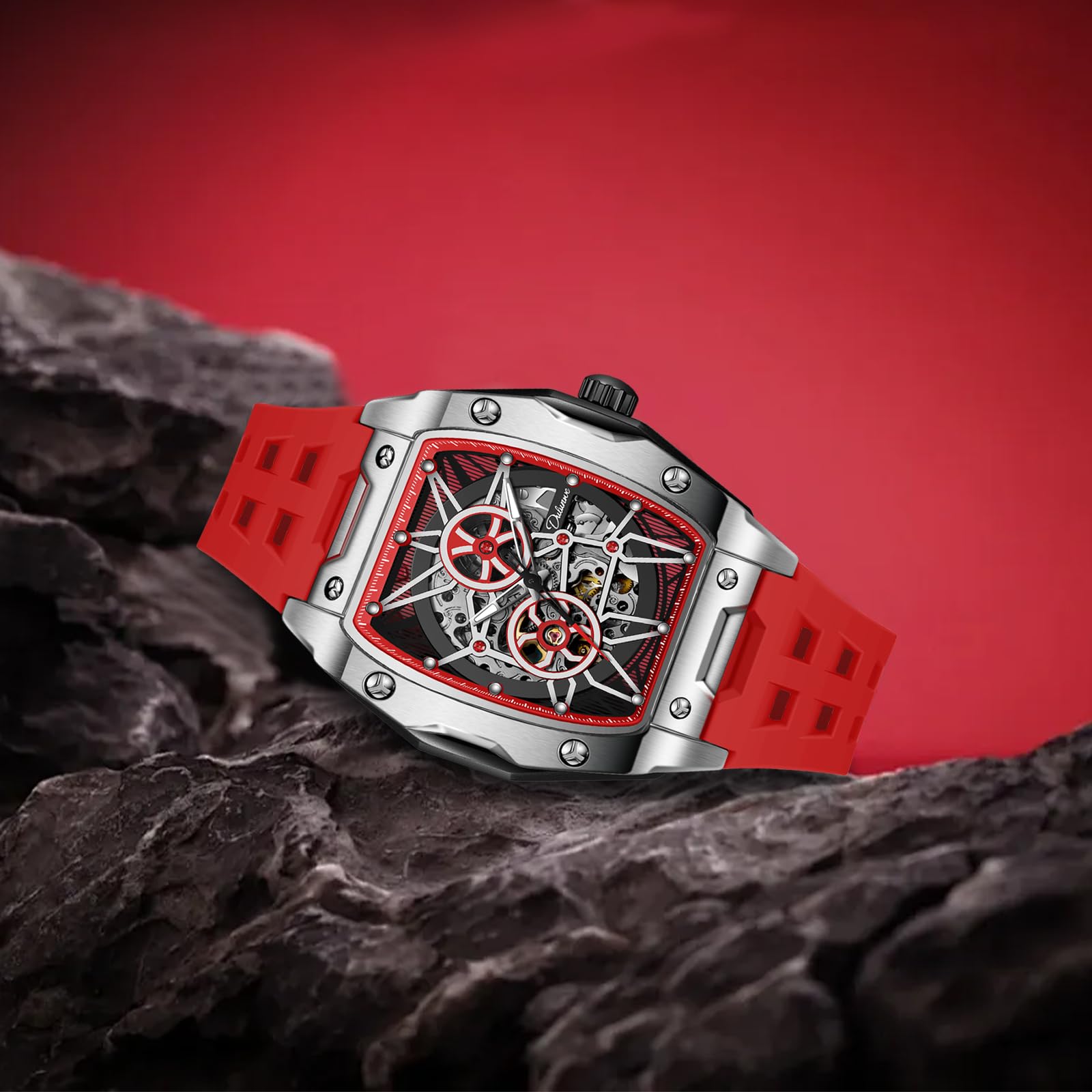 Reloj Mecánico Automático para Hombre Reloj de Barril/Tonneau Cuerda Automática Moda Hueco Azul Narino/Rojo/Negro/Blanco/Diseño Elegante Lmpermeable Luminoso(Rojo Plateado)