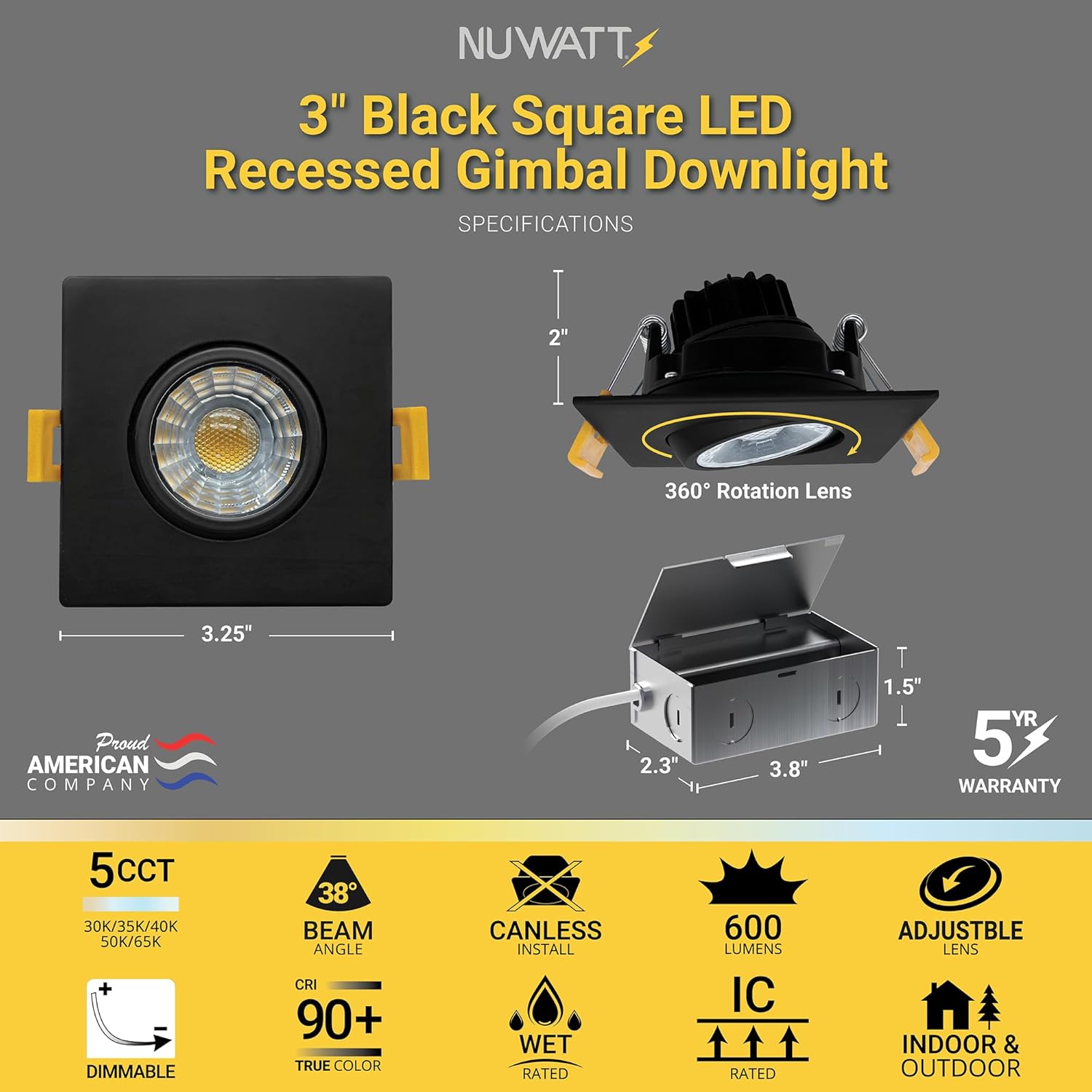 NUWATT 3 Inch LED Gimbal Recessed Lights Black Square, 5CCT 2700K/3000K/3500K/4000K/5000K Selectable 8W, 600 Lumens, IC Rated, Wet Rated, 120V, Dimmable, Canless Adjustable Recessed Lighting, 4 Pack - Image 2