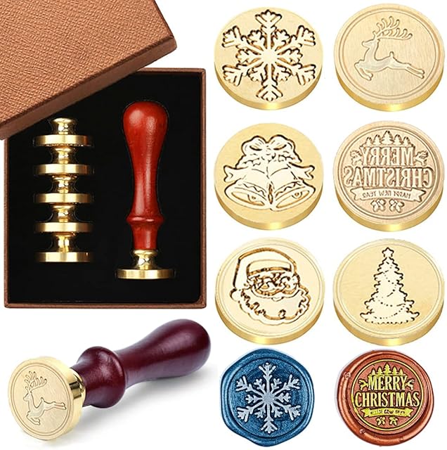 Wax Seal Stamp Set, 6 Pieces Sealing Wax Stamps Copper Seals 1 Wooden Handle, Wax Stamp Kit for Cards Envelopes, Invitations, Wine Packages (Christmas)