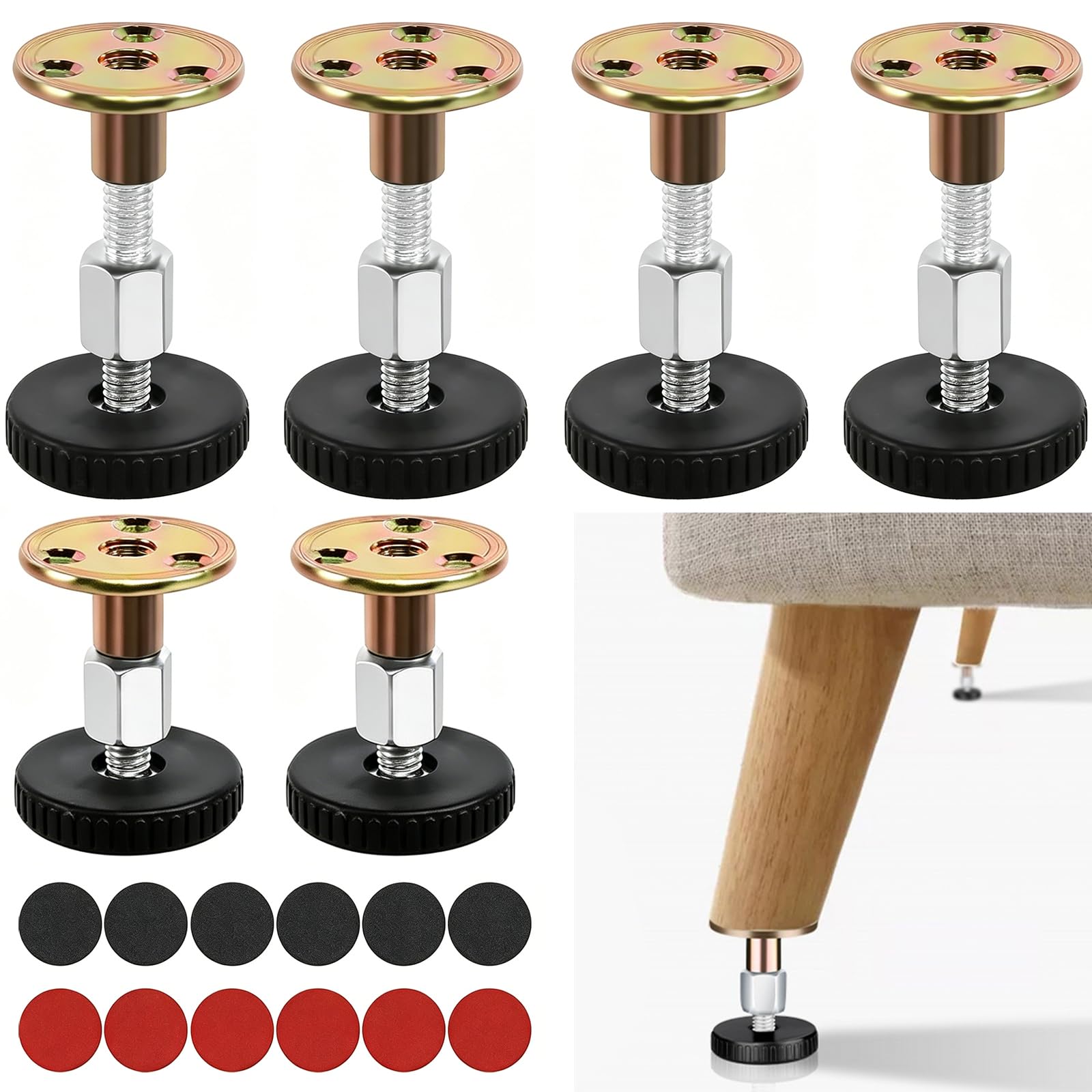 TQIOQIY Adjustable Furniture Levelling Feet 6 Pack, Furniture Leveler for Table Leg, Bed Frame, Cabinet, Washing Machine, Non Slip Rubber Pads, 47 to 64mm Adjustable Height Anti Vibration, Black