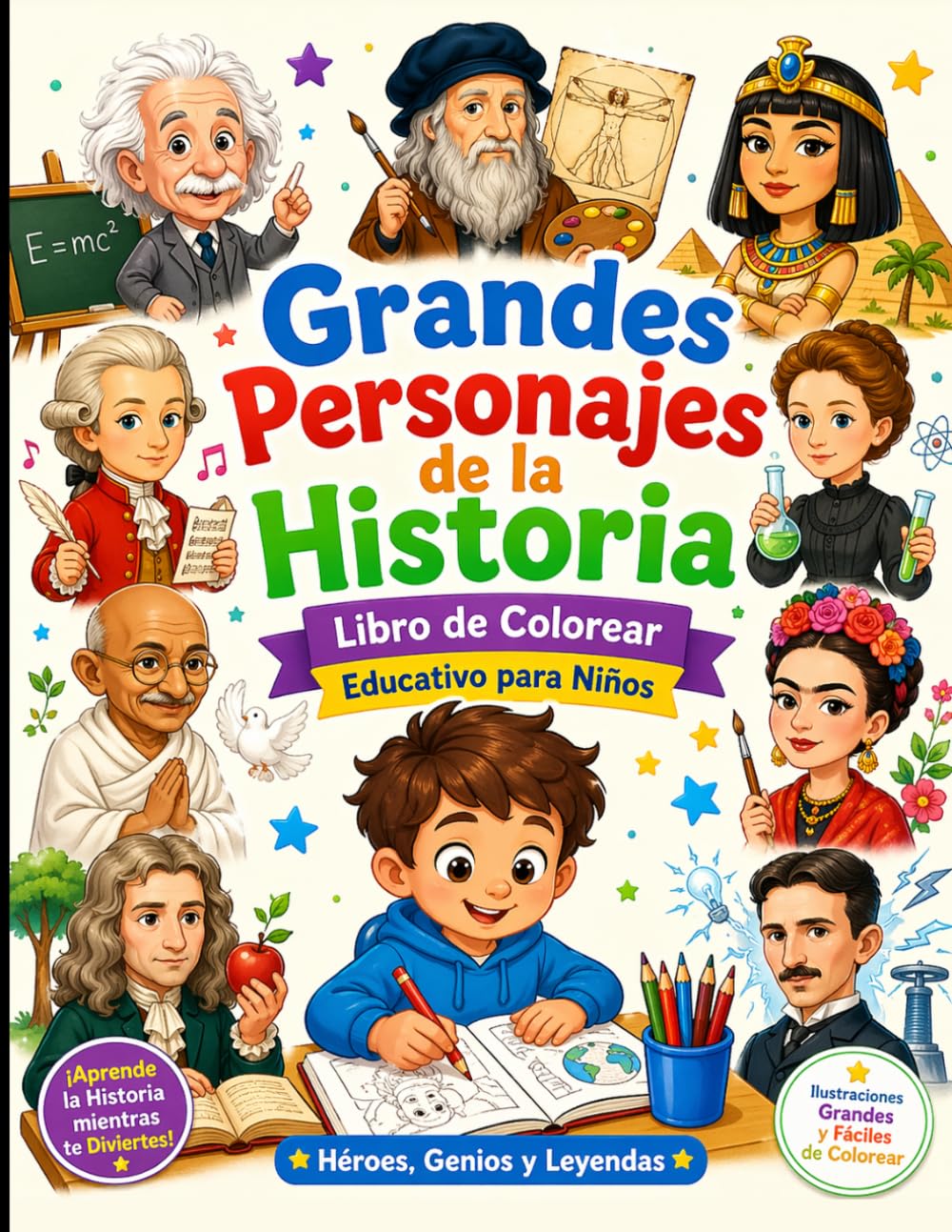 GRANDES PERSONAJES DE LA HISTORIA: Libro de Colorear Educativo para Niños con Héroes, Genios, Artistas, Científicos y Líderes que Cambiaron el Mundo