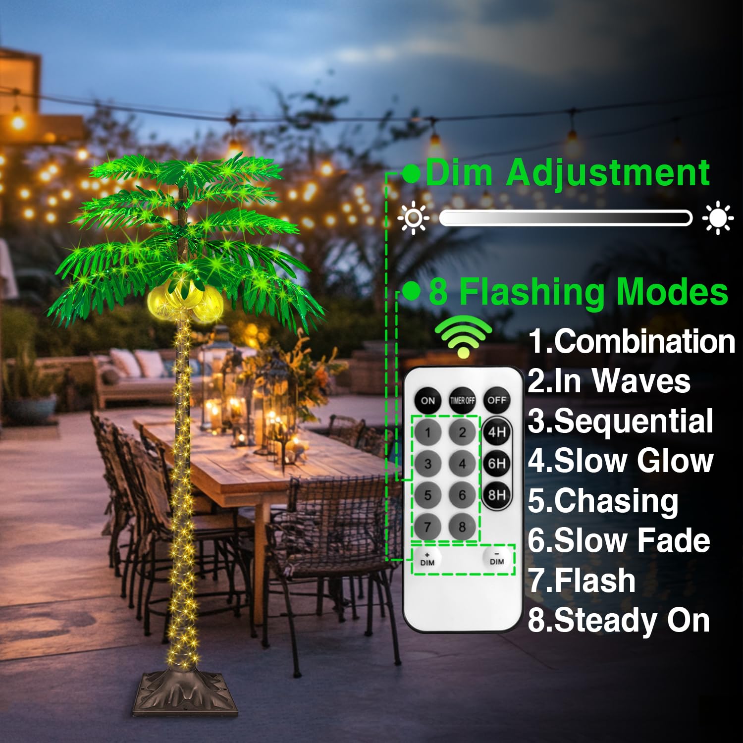 Palma a LED da 1,8 m con 421 luci, palma illuminata per patio esterno, fornita con 3 noci di cocco incandescenti, dimmerabile, 8 modalità lampeggianti e timer.