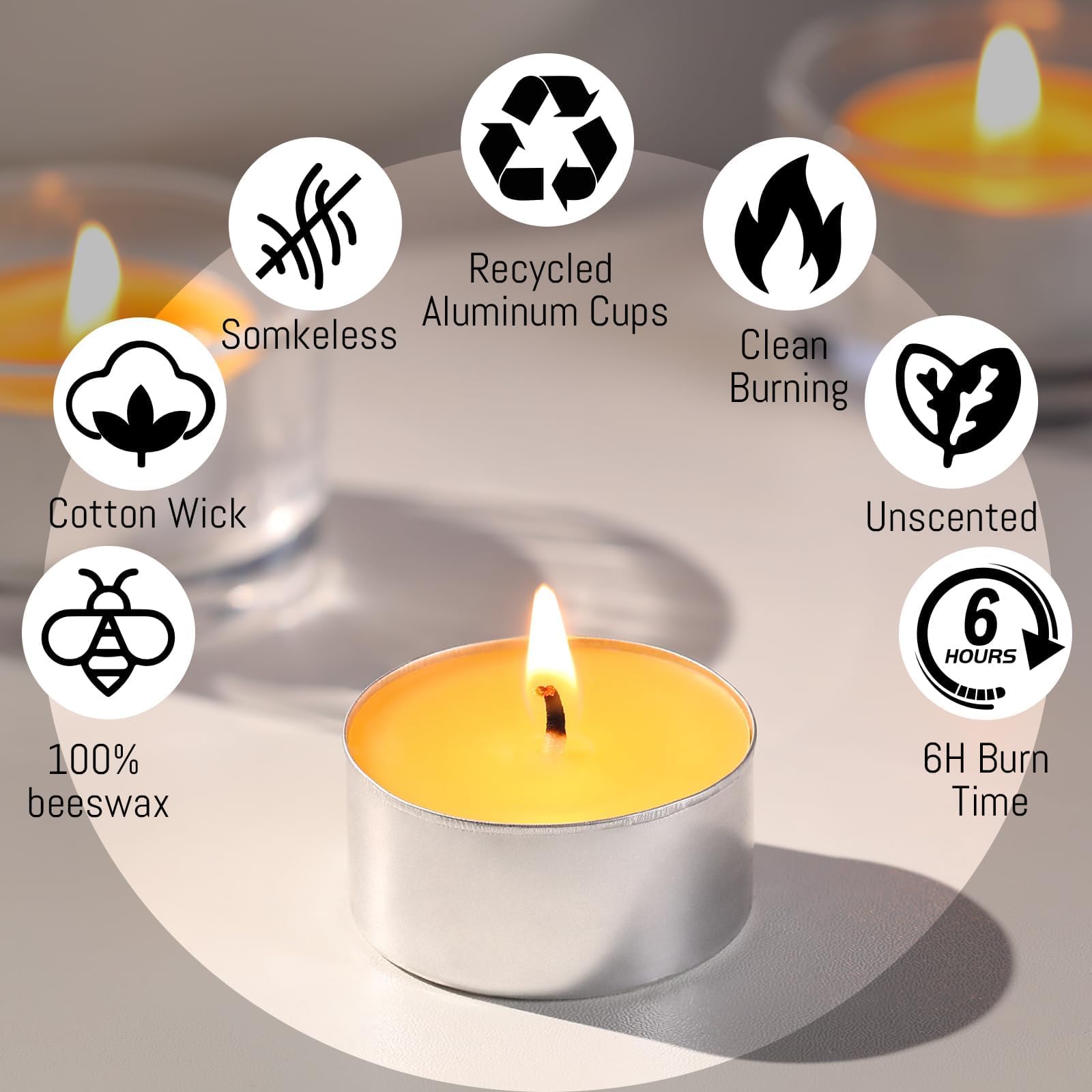 Lot de 50 bougies chauffe-plat en cire d'abeille, 100 % cire d'abeille, avec 6 heures de combustion, sans paraffine, naturelle, biologique, non parfumée, pour fête, dîner et décoration de