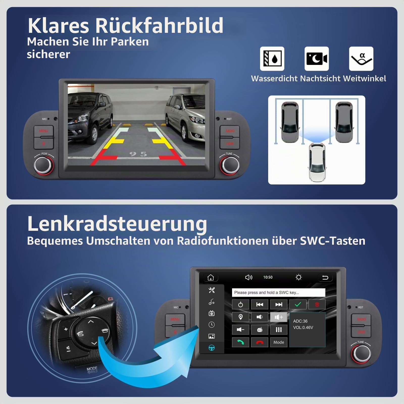 Double Din Autoradio für FIAT Panda 2013-2020 Apple kabellosem Carplay und Android Auto Sprachsteuerung mit 7 Zoll IPS/GPS Navi/Bluetooth/FM/AM/USB/EQ/Touch Display