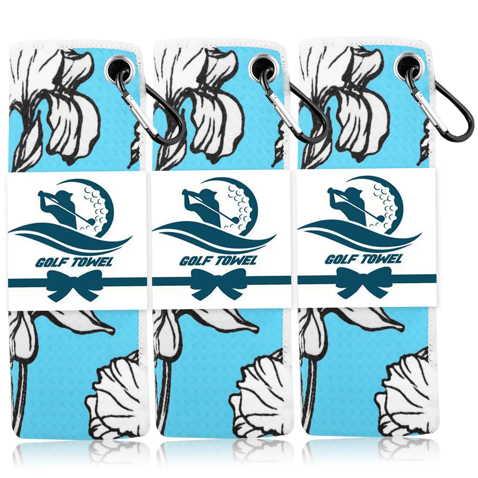 FINGER TEN 3 Pack Golf Towels Microfiber Waffle Pattern Tri-Fold 16“x16”with Heavy Duty Carabiner Clip, Golf Cleaning Towel Superior Water Absorption and Quick Dry (Cyan)