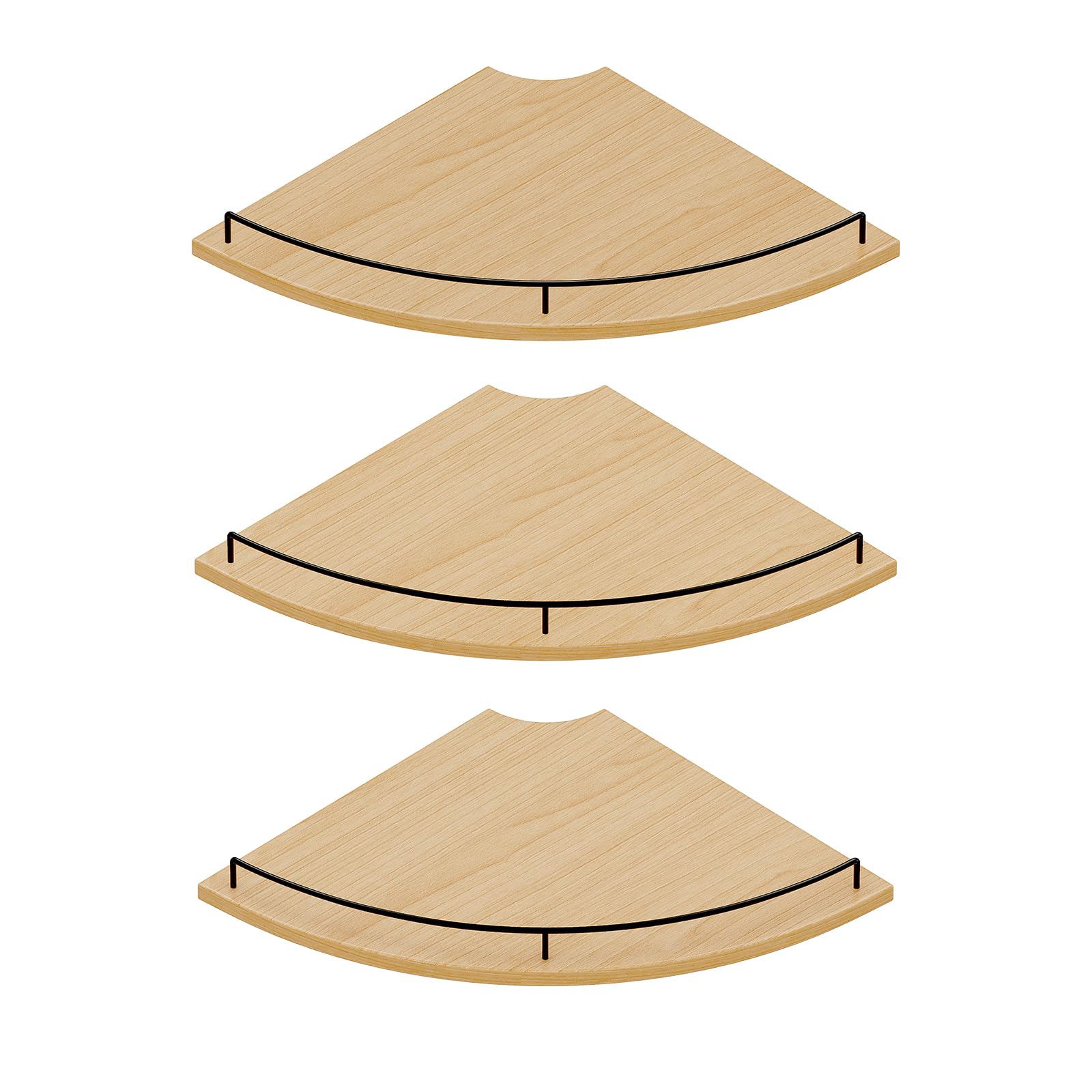JJL Corner Shelf Wall Mounted, 12 Inches 3-Tier Floating Corner Shelf, Fan-Shaped Rustic Wood Decor with Fence, Natural Wood Grain Storage for Apartment Bedroom Kitchen Bathroom