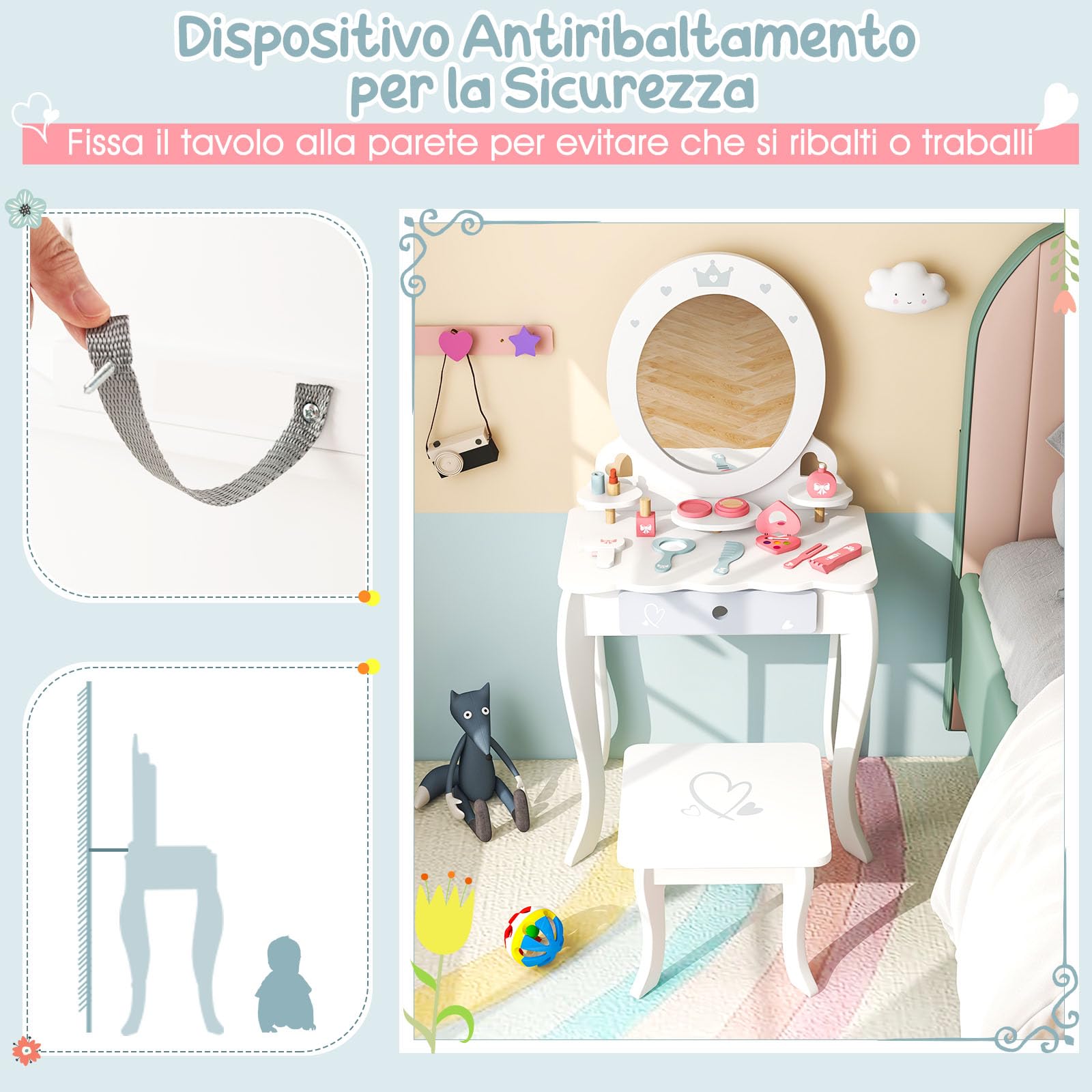 Toeletta Trucco Bambina COSTWAY 2 In 1 - Con Specchio, Cassetto E Sgabello, Legno Bianco 50x34x93cm - Foto 9