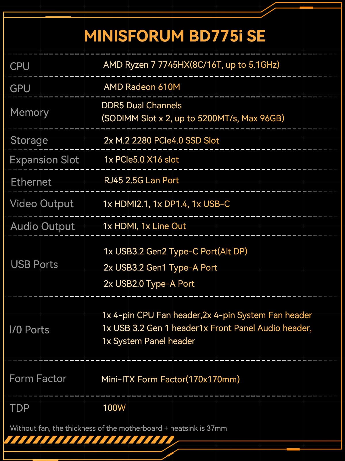 MINISFORUM BD775i SE Scheda madre Mini-ITX, AMD Ryzen 7 7745HX (8C/16T, fino a 5,1 GHz), PCIe 5.0 x16, Doppio M.2 PCIe 4.0, DDR5, Triplo display (HDMI/DP/USB-C), LAN 2,5 GbE