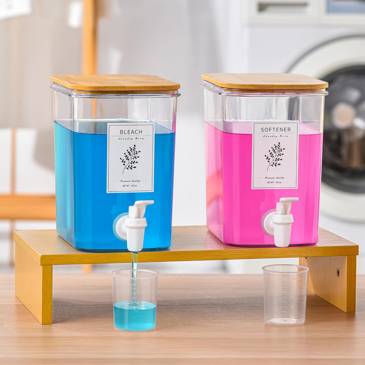 Liquid Laundry Detergent Dispenser Set with Shelf and Bamboo Lids for Laundry Room Organization and Storage – 2 Pack 120 oz Laundry Containers for Laundry Soap, Fabric Softener Liquid Laundry Detergent Dispenser Set with Shelf and Bamboo Lids for Laundry Room Organization and Storage – 2 Pack 120 oz Laundry Containers for Laundry Soap, Fabric Softener