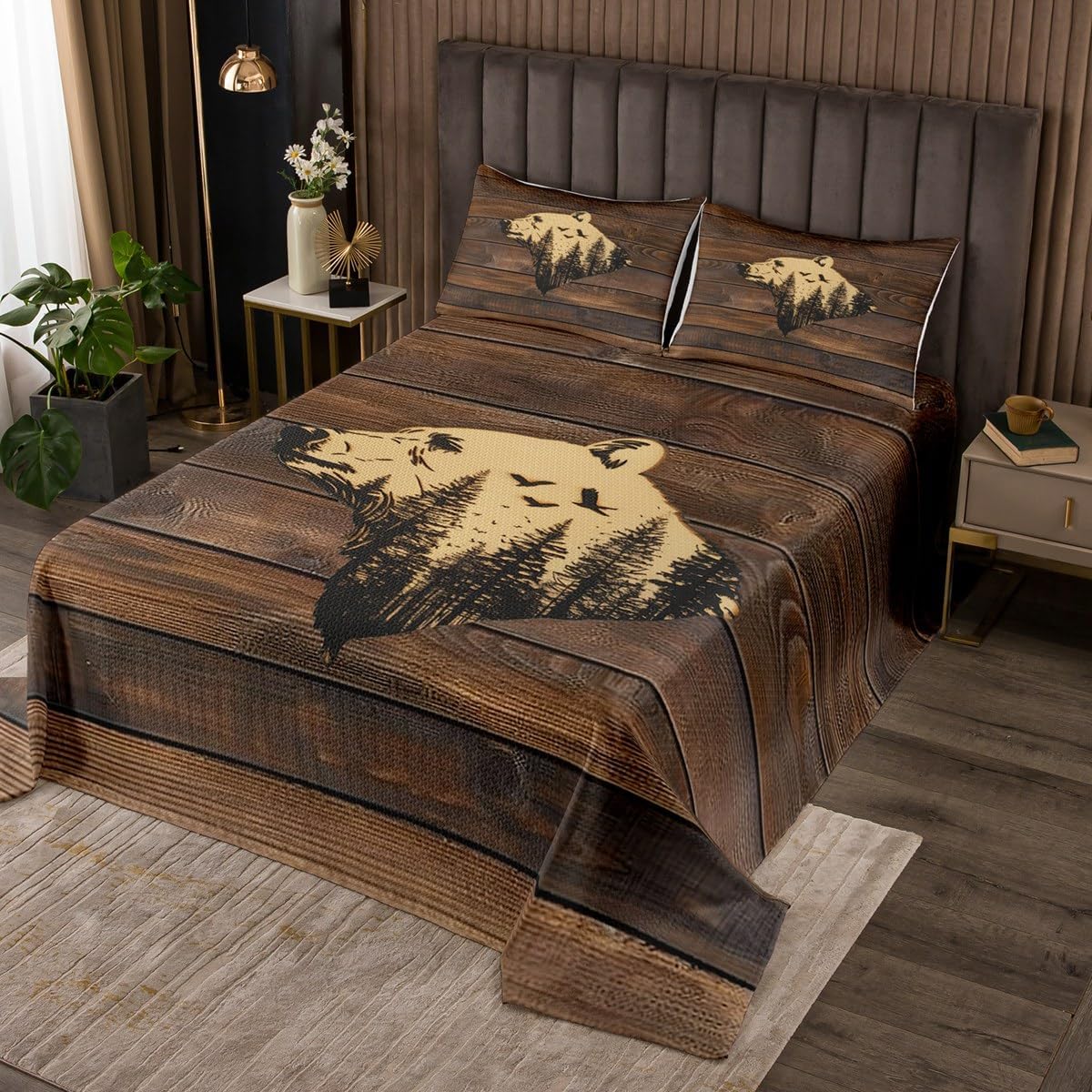 jejeloiu Bear Bedspread Twin Size Kids Wild Animal Quilted Coverlet for Boys Girls Teens Rustic Cabin Country Coverlet Set Dark Brown