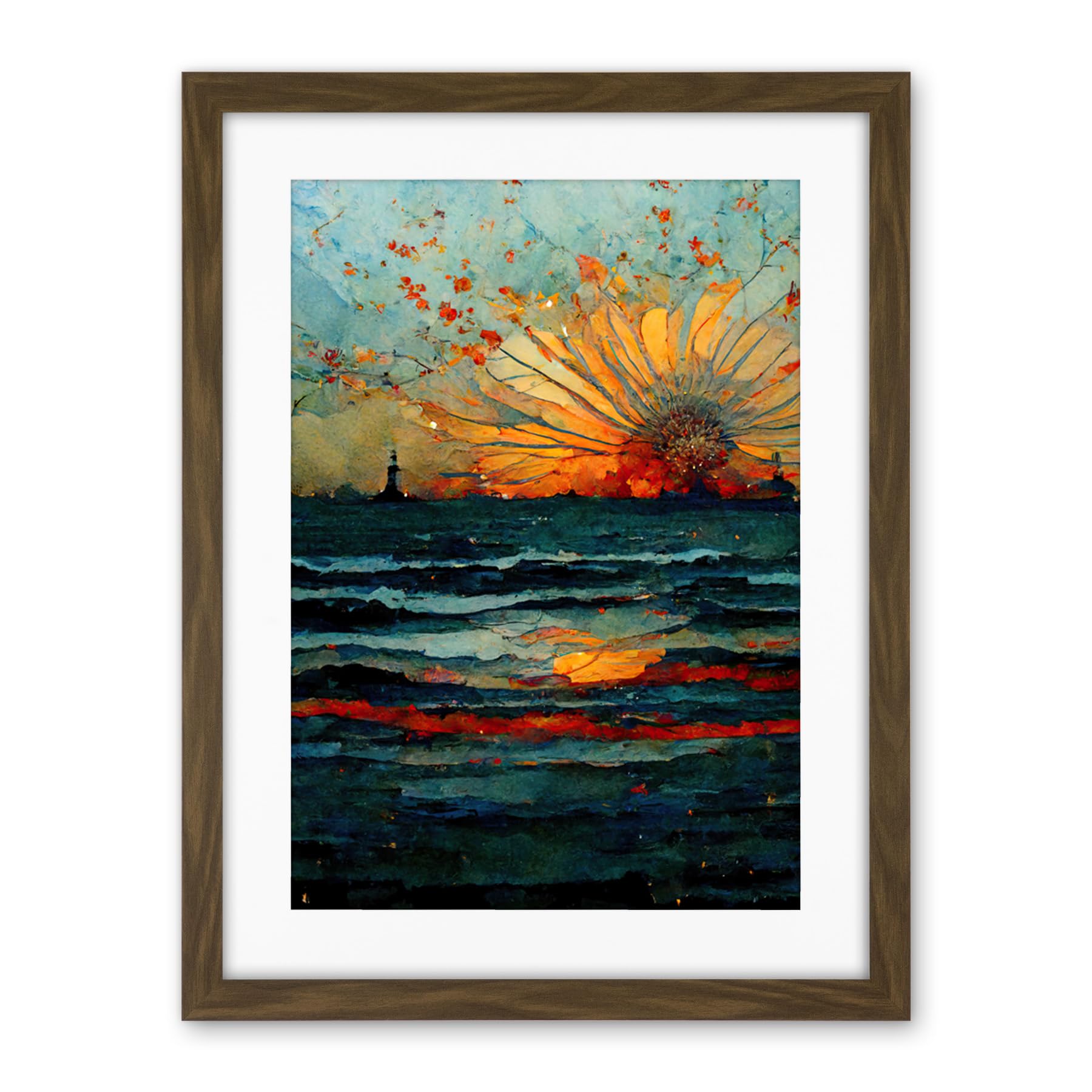 Artery8 Seascape Sunset Port City Waves Horizon Artwork Framed Wall Art Print 18X24 Inch