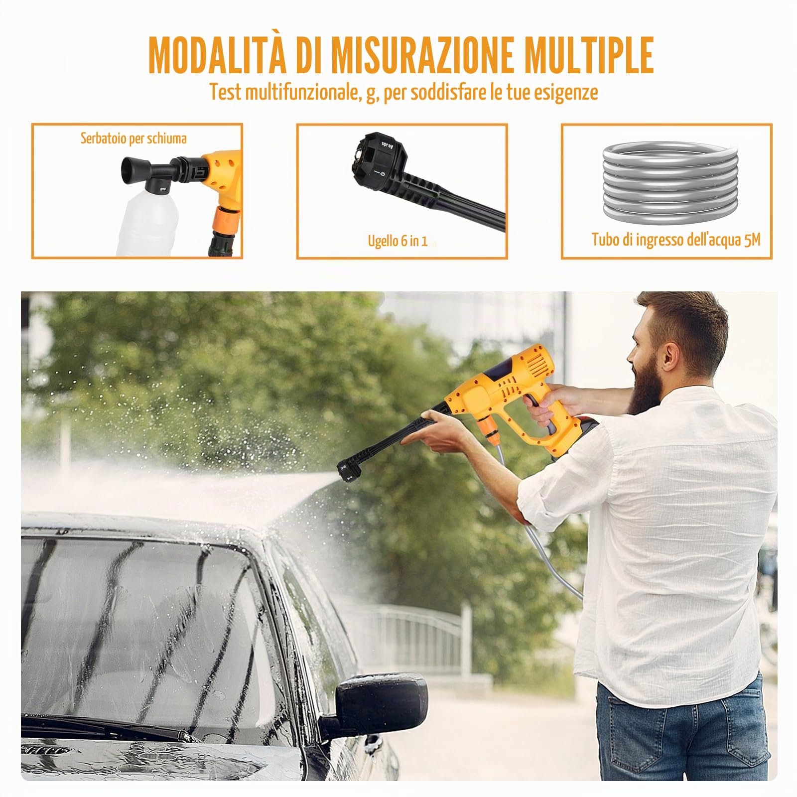 Rondella ad alta pressione a batteria 65 Bar/942PSI, pistola ad alta pressione da 21 V con batteria da 6000 mAh, ugello 6 in 1, tubo da 5 m, pistola pressa & Clean con display LCD e 10 velocità (con 2