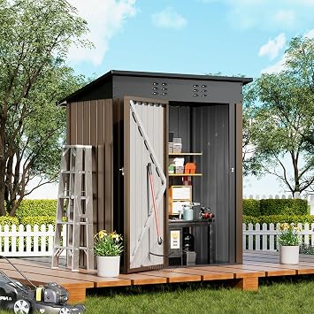COMHOMA Shed Outdoor Storage Shed Metal,Lockable Doors Tool Sheds with Sloping Roof,Steel Garden Shed with Air Vent for Backyard,Patio,Lawn,PoolsideBrown,5*3
