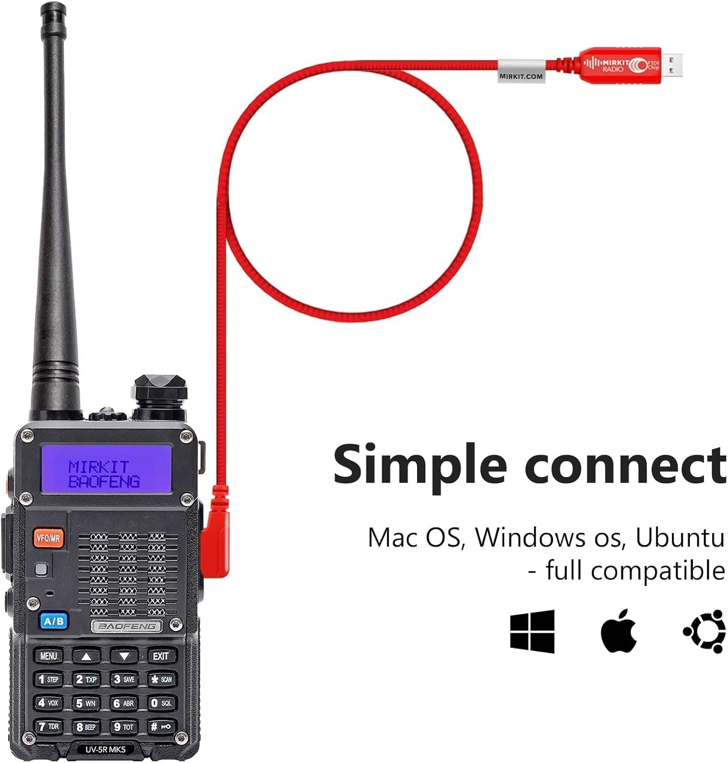 Mirkit Bundle: Radio UV-5R MK5 Max Power 2022 1800 mAh & Mirkit FTDI USB Programming Cable Model 3 Red for Flashing Analogue Ham Radio: Baofeng, Mirkit, Wouxun, Kenwood, Archell